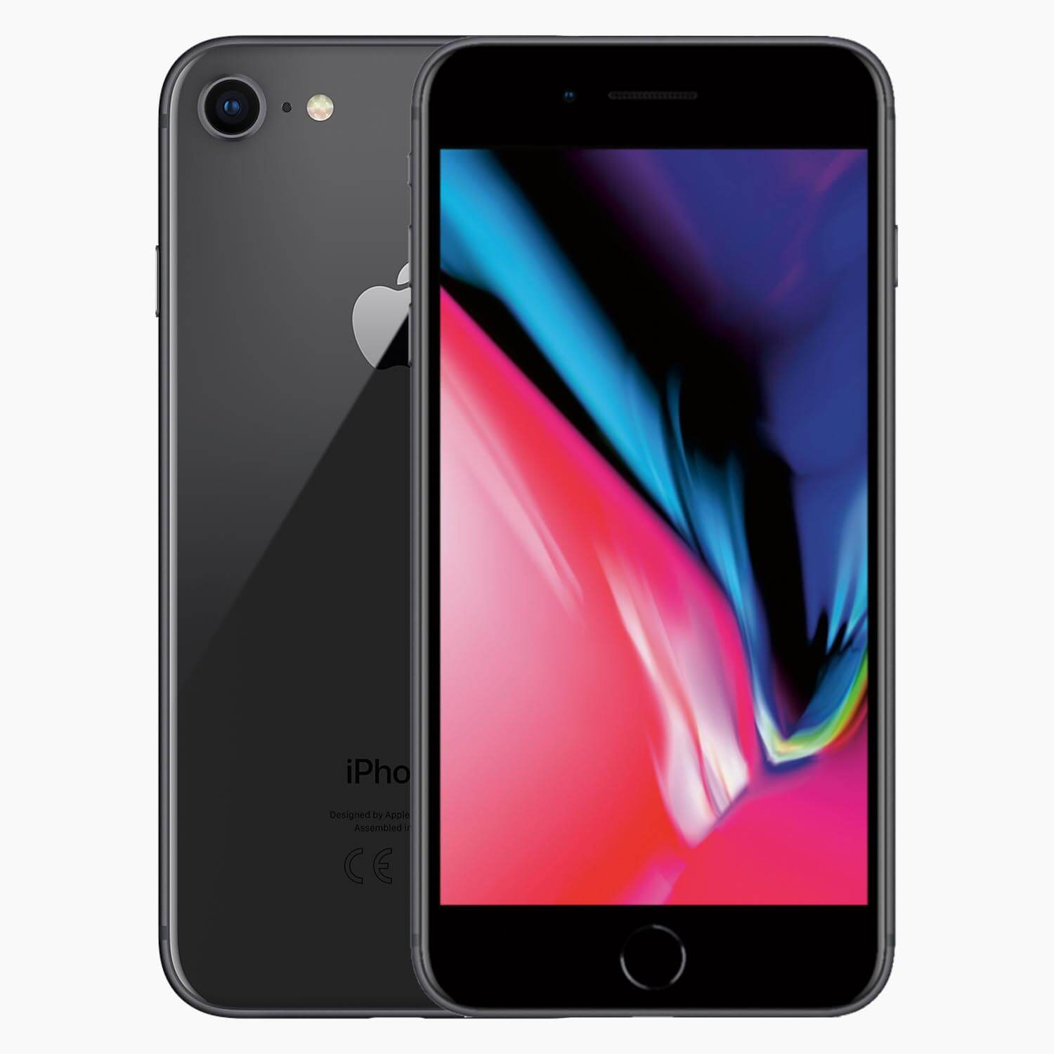 Schwarzes iPhone 8, Rück- und Vorderansicht, auf weißem Hintergrund.