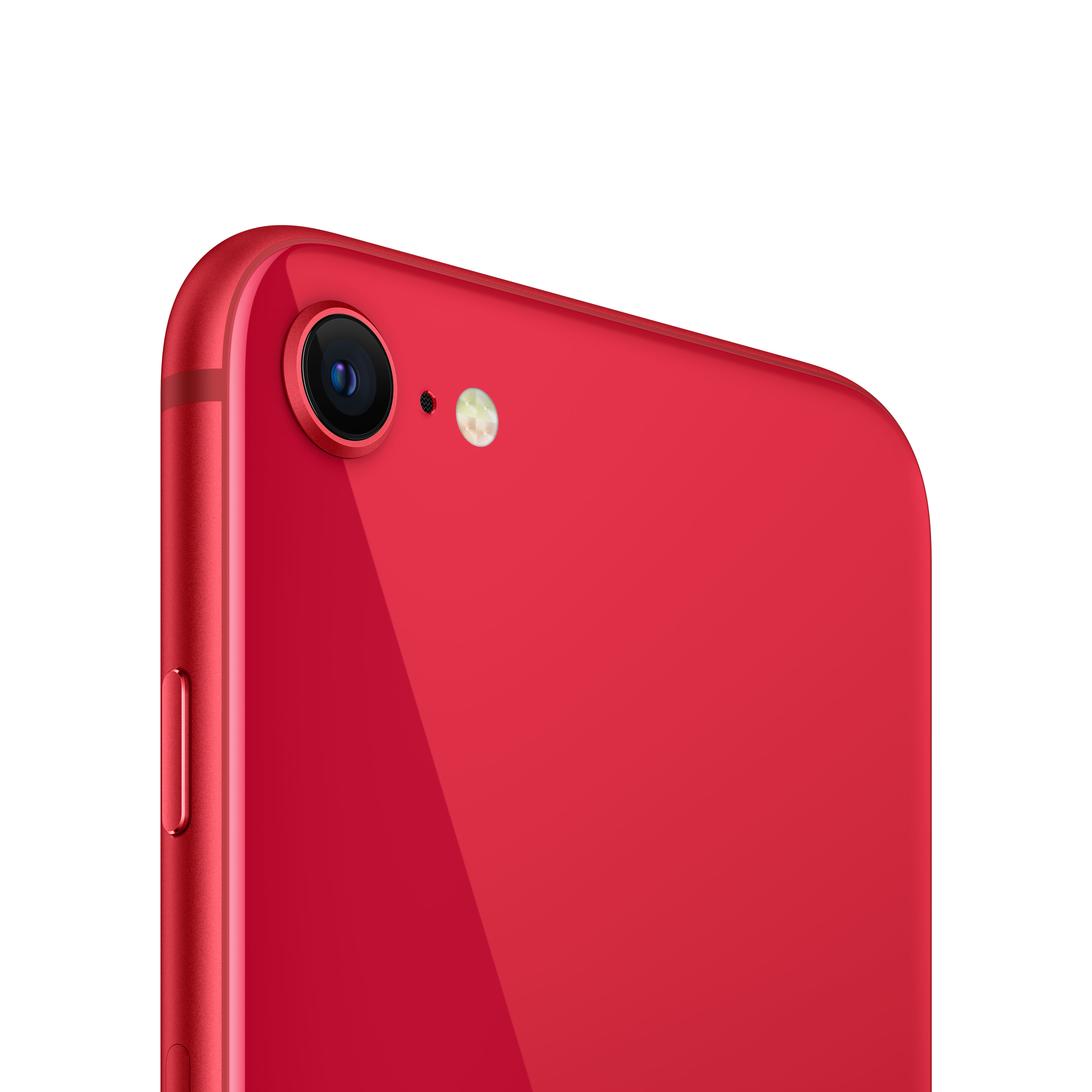 Czerwony tył iPhone'a z aparatem i lampą błyskową. Telefon na białym tle.