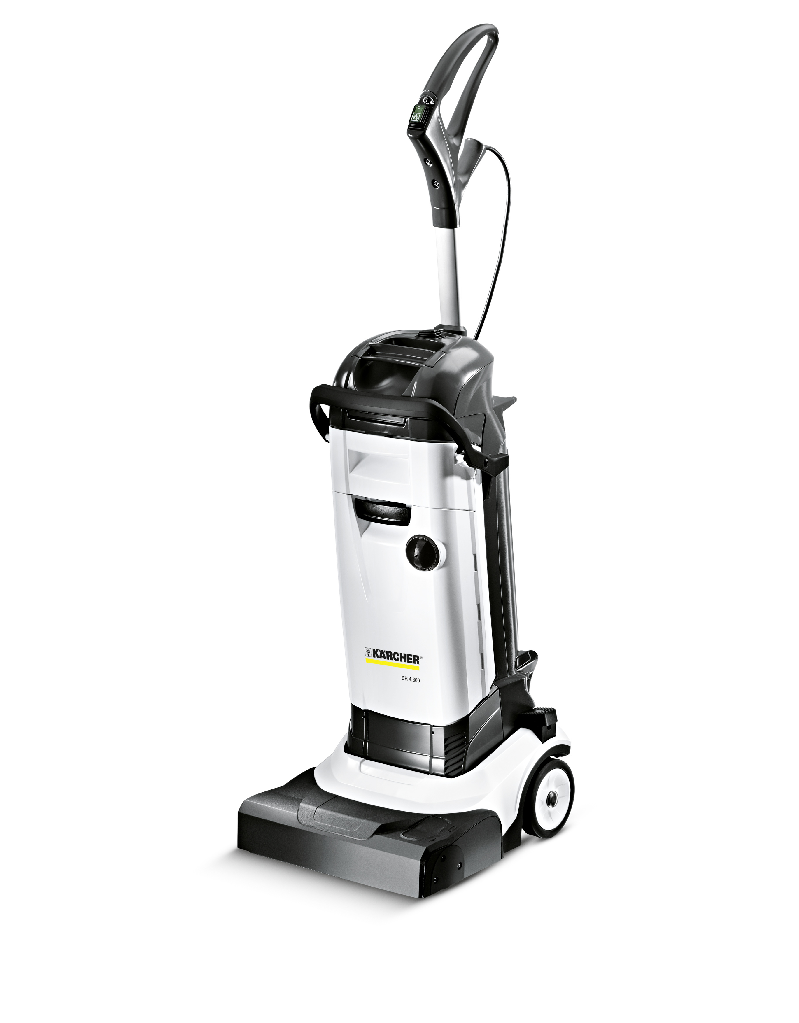 Biało-czarny odkurzacz Karcher, konstrukcja pionowa, z czarnym uchwytem, kołami i wężem.