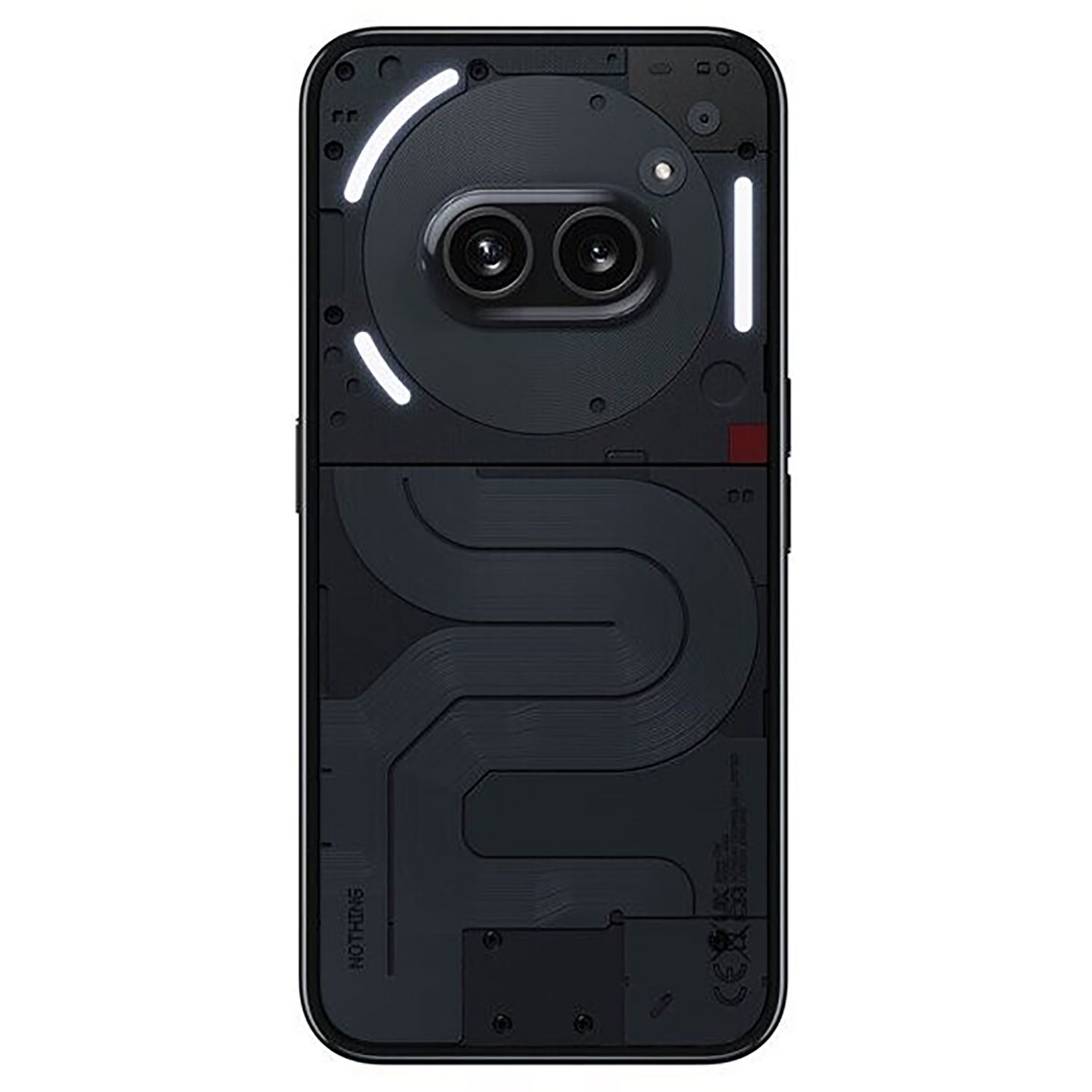 Parte trasera de teléfono negro, luces blancas, cámara dual y diseño único.