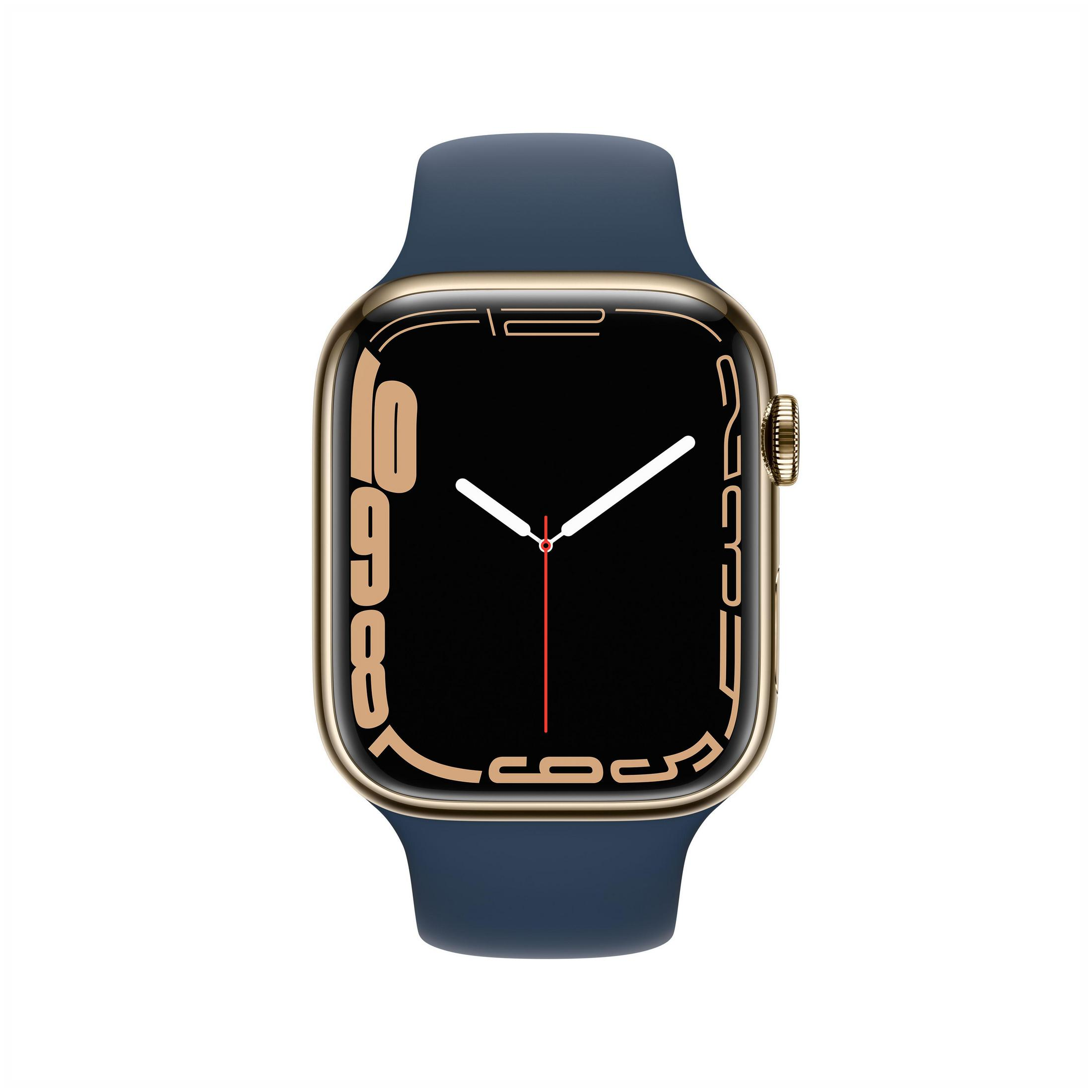 Goldene Apple Watch mit dunkelblauem Armband. Das Display zeigt die Zeit und hat eine rote Linie.
