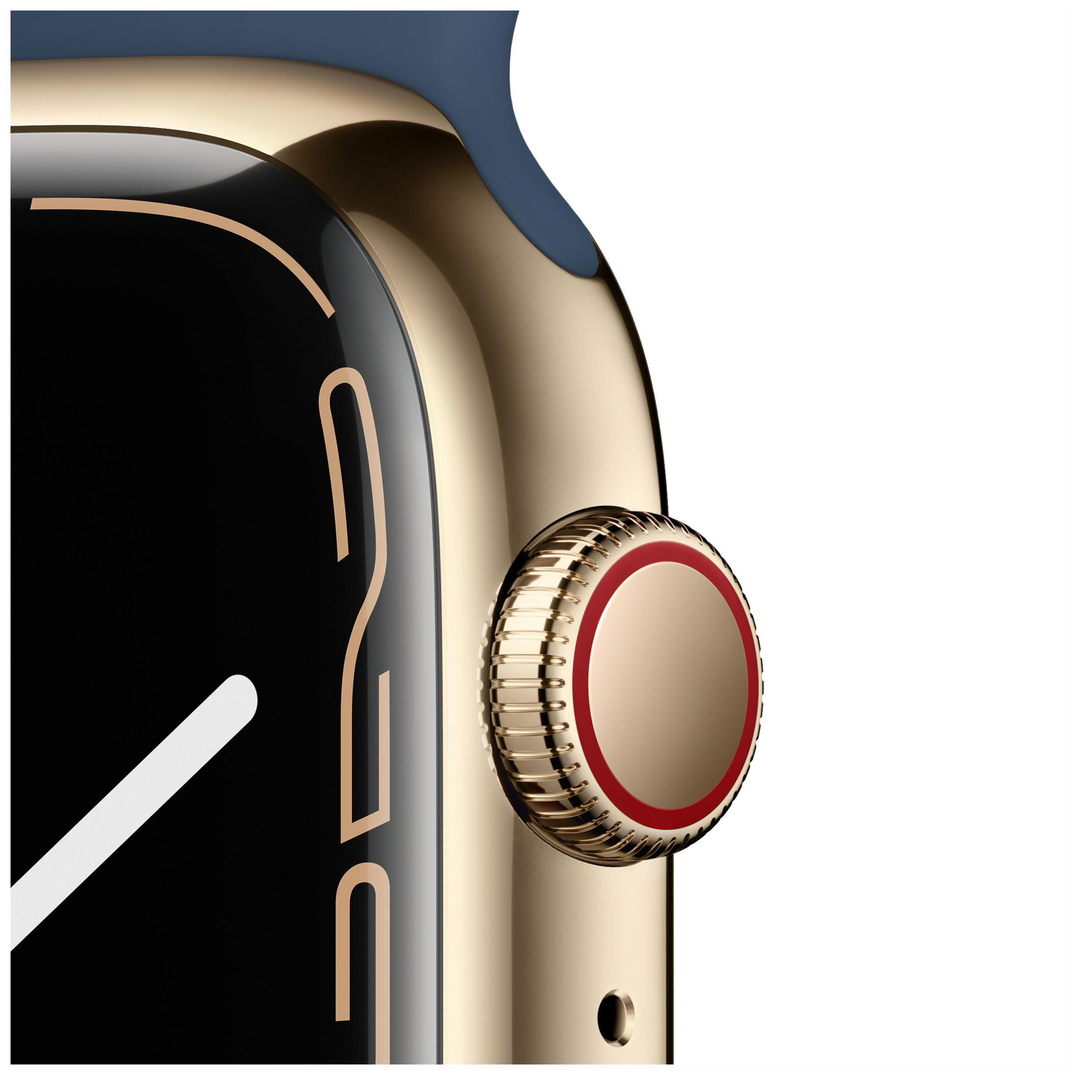 Goldene Apple Watch. Sie hat einen schwarzen Bildschirm, einen roten Knopf und ein blaues Armband.