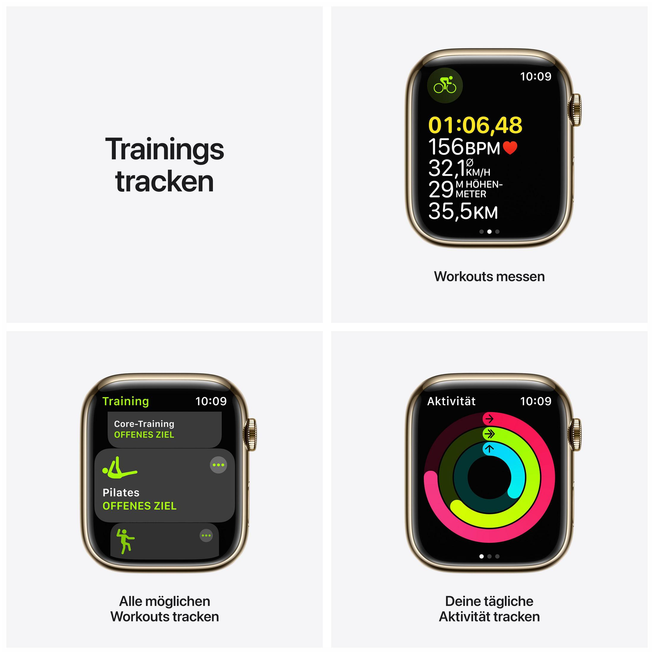 Smartwatch-Oberfläche zeigt Trainingsdaten, Aktivitätsringe und Trainingsoptionen. Text: Workouts verfolgen.
