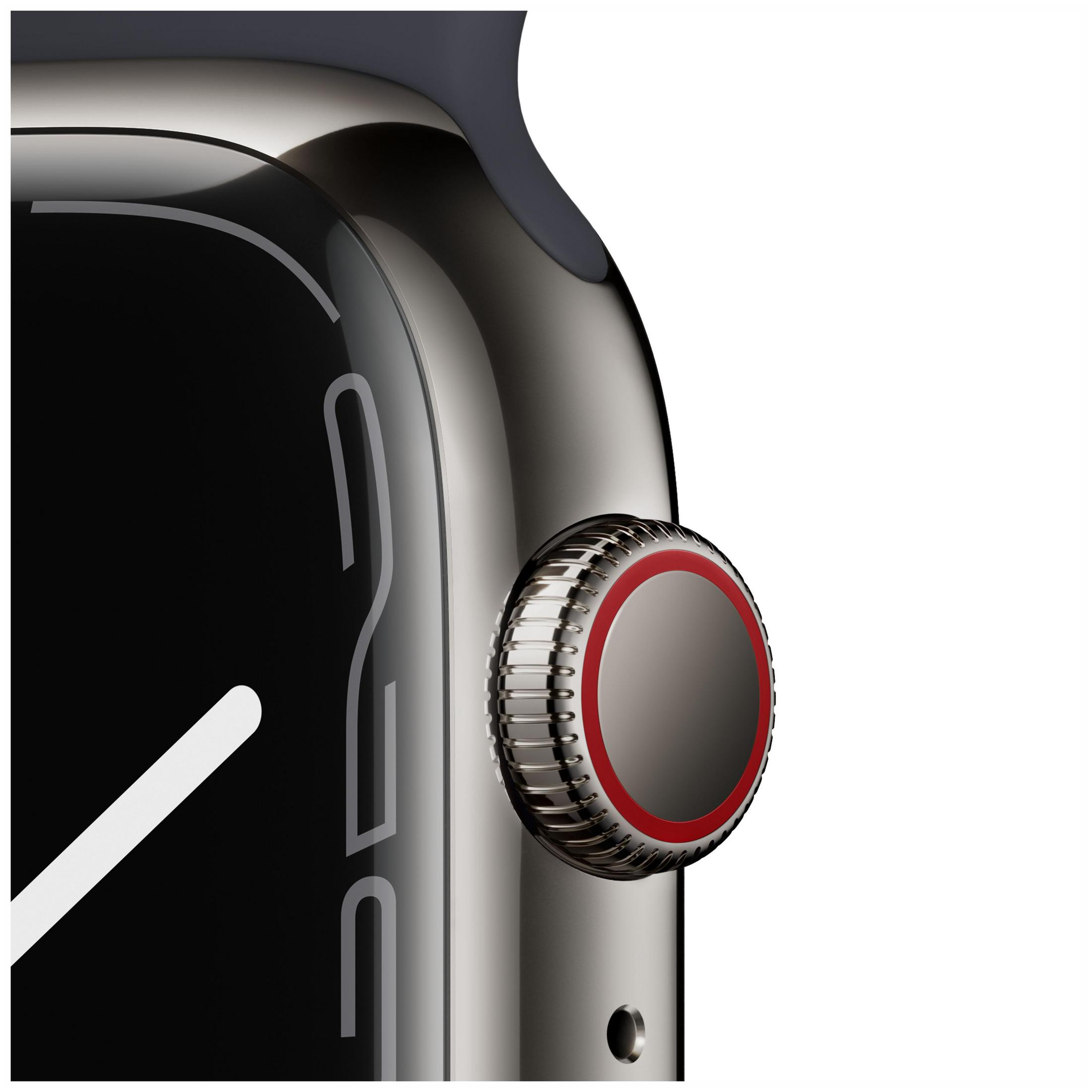 Nahaufnahme der Seite einer silbernen Uhr mit rotem Knopf und schwarzem Bildschirm. Weißer Hintergrund.