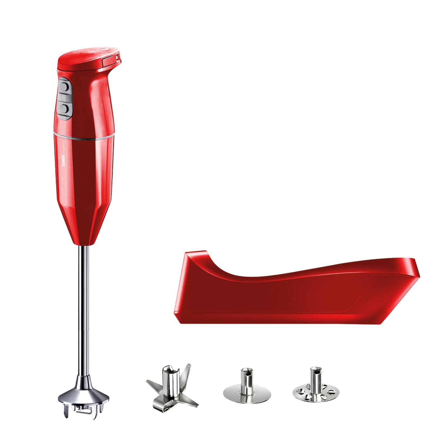 Frullatore a immersione rosso con accessori. Un supporto rosso e tre lame sono accanto.