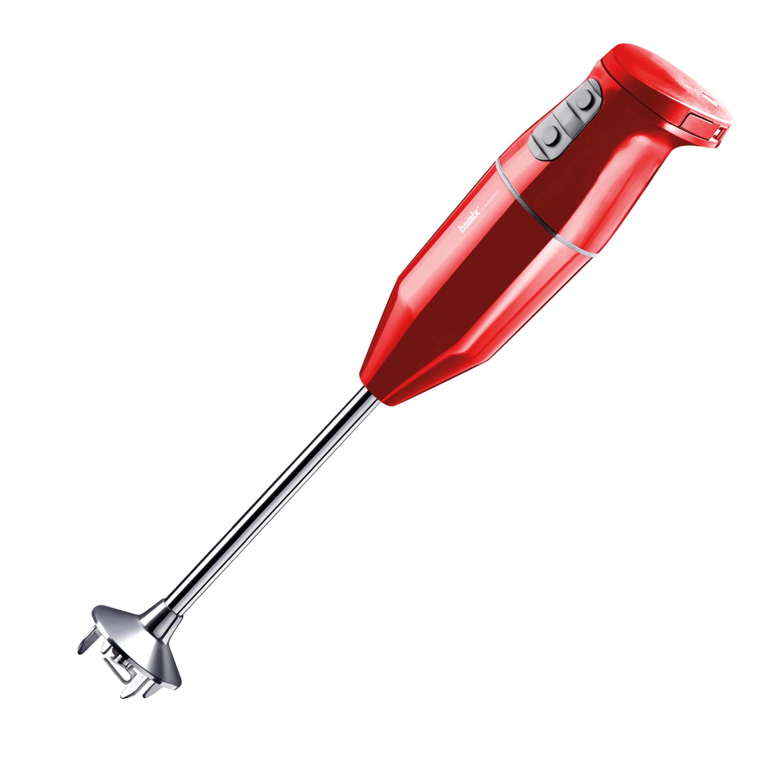 Un frullatore a immersione rosso con un accessorio di miscelazione argentato. Il frullatore ha dei pulsanti.
