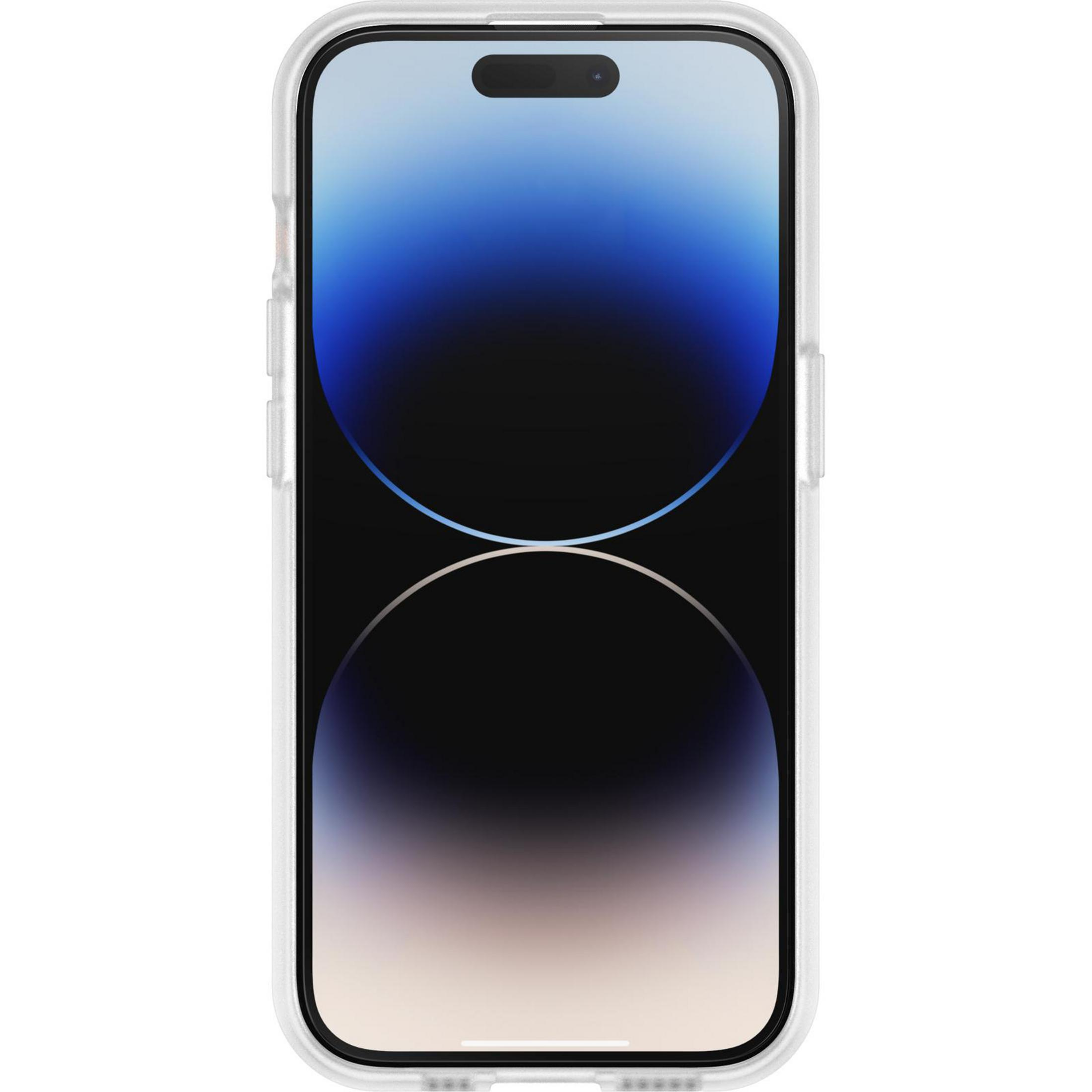 Nahaufnahme eines Smartphones mit blau-schwarzem, abstraktem Design auf dem Bildschirm.