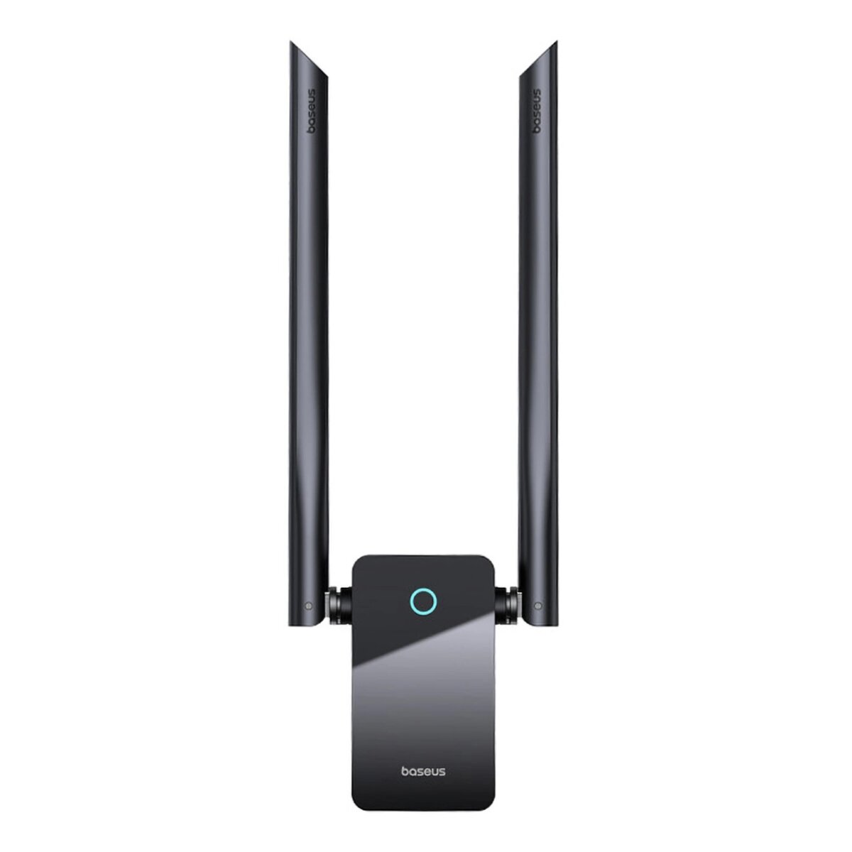 Un extender WiFi Baseus nero con due antenne rivolte verso l'alto. Il dispositivo ha una luce blu al centro.