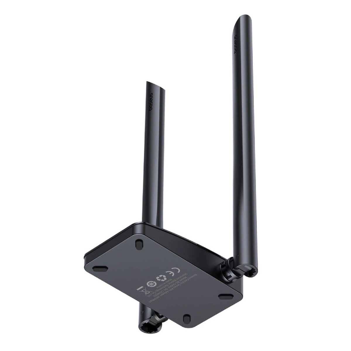 Un adattatore WiFi nero con due antenne nere. L'adattatore ha la parola "Baseus" stampata sopra.