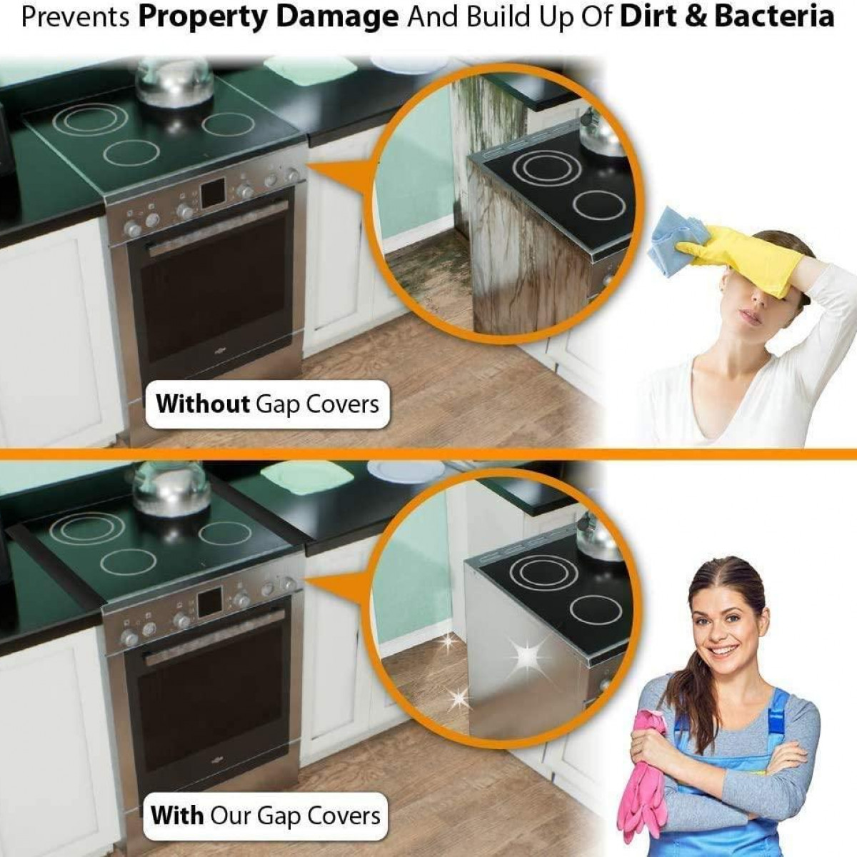 Kobieta czyszcząca płytę kuchenną. Wstawki pokazują przed i po z zainstalowanymi osłonami szczelin.
