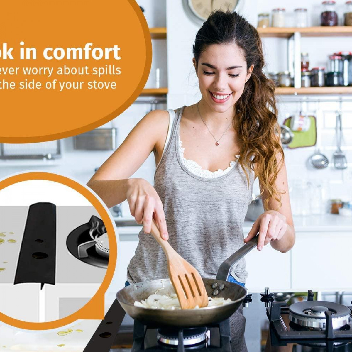 Kobieta gotuje w kuchni, mieszając jedzenie na patelni na kuchence. Zbliżenie pokazuje osłonę kuchenki.