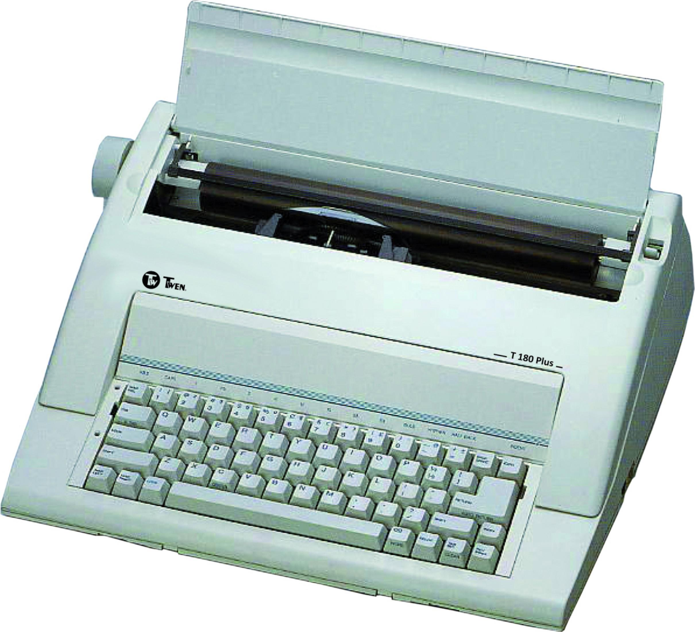 Weiße Schreibmaschine mit Tastatur und Papierablage, Text 'T 180 Plus' und schwarzer Walze.