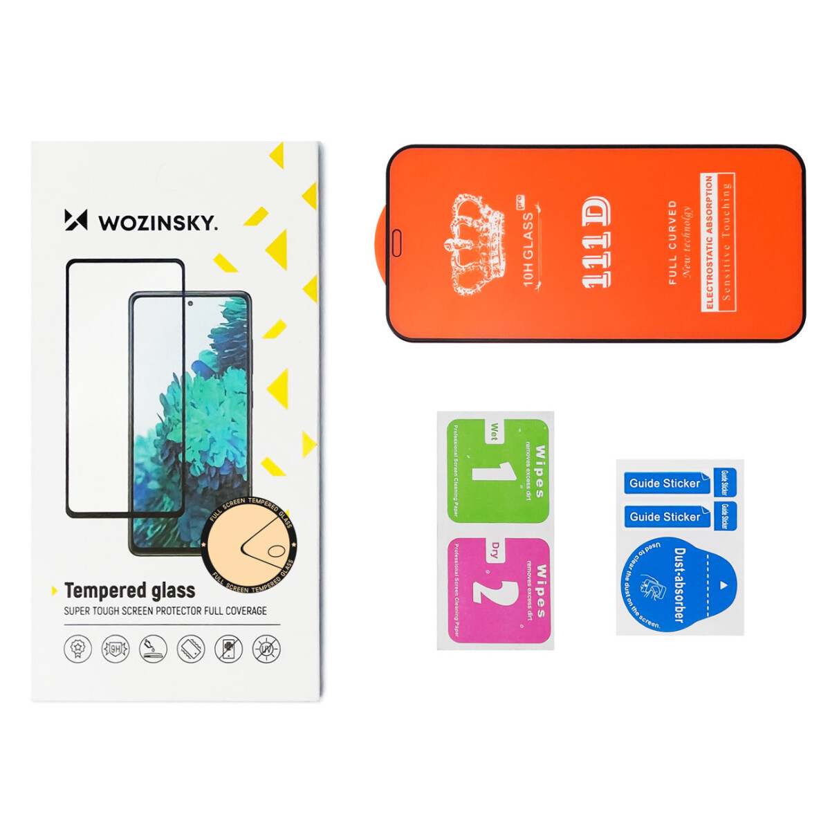 Verpackung für Panzerglas-Displayschutzfolie, mit zusätzlichen Tüchern und Aufklebern. Orange und weiß.