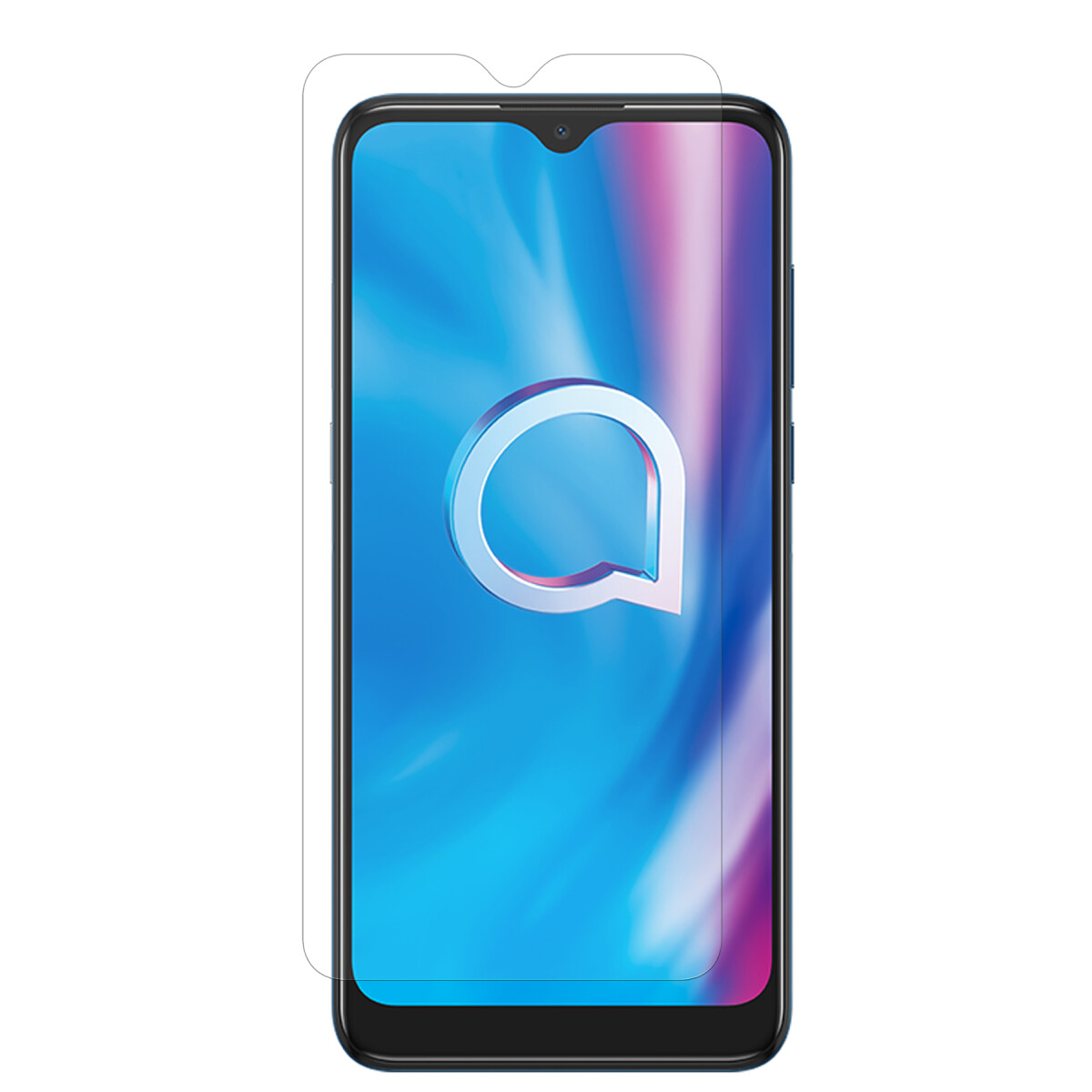 Smartphone mit installiertem Displayschutz. Der Schutz hat einen Ausschnitt für die Frontkamera.