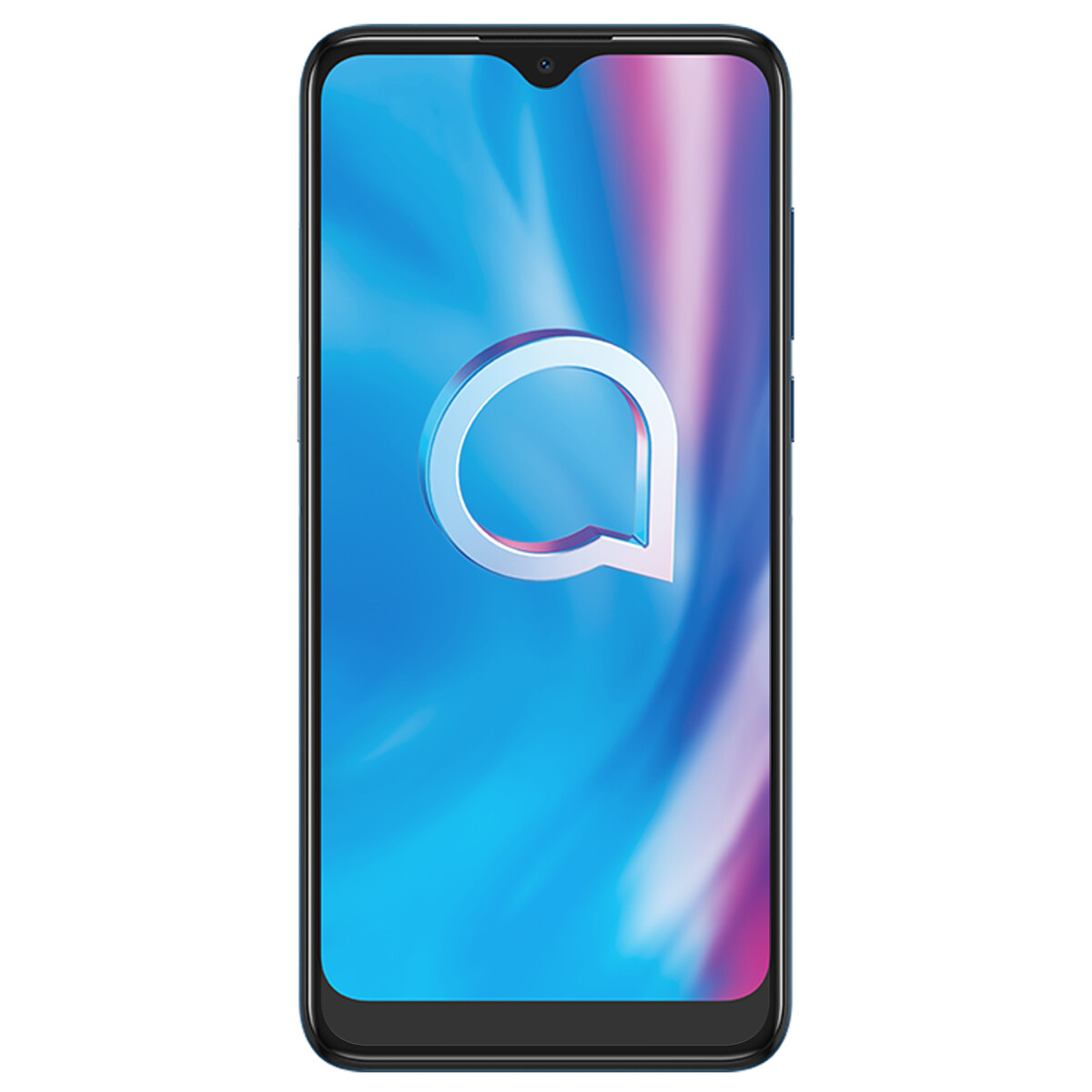Schwarzes Smartphone mit Tropfen-Notch-Display und Alcatel-Logo auf blauem Bildschirm.