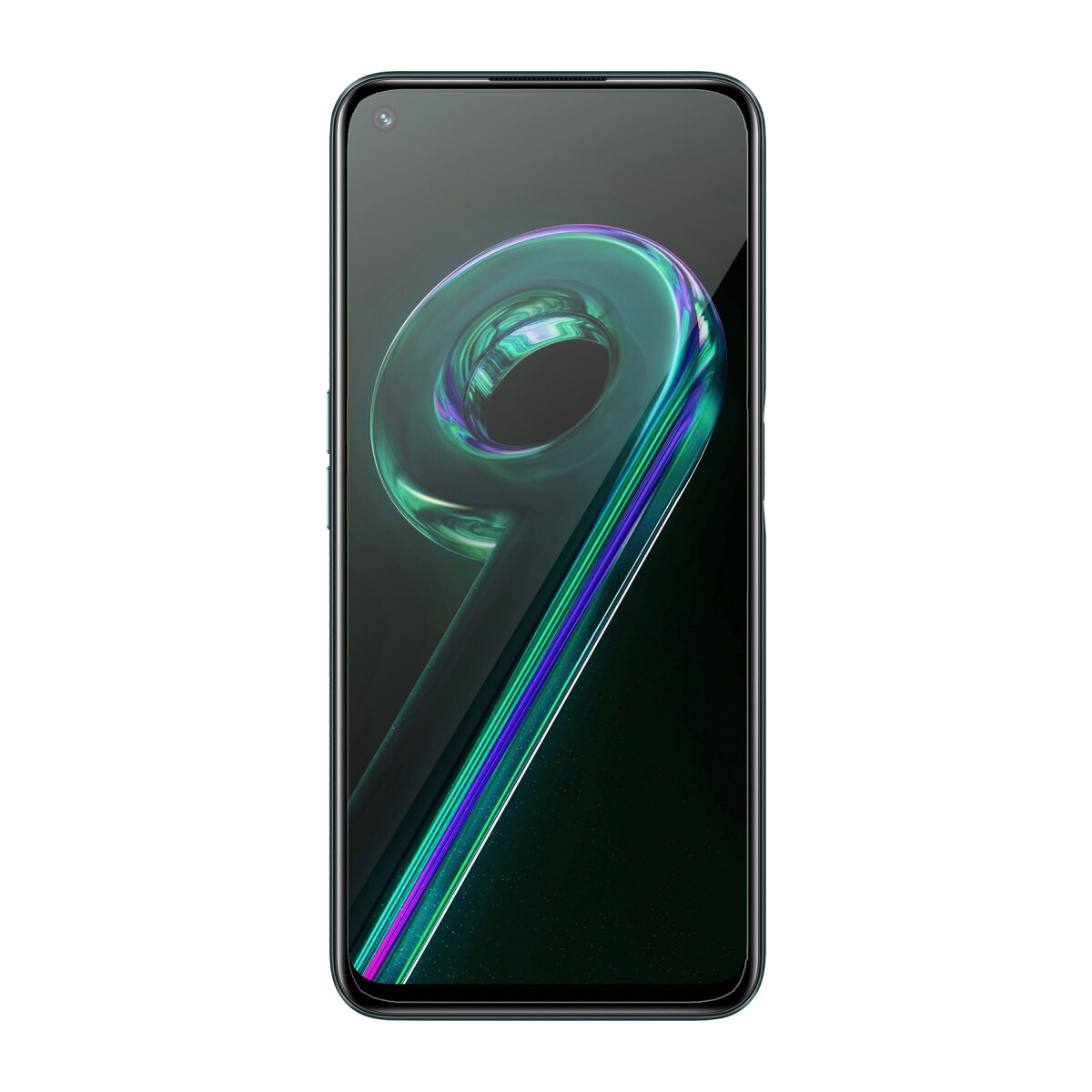 Grünes Smartphone mit ringförmigem Design auf dem Bildschirm. Das Telefon hat einen schwarzen Rahmen.