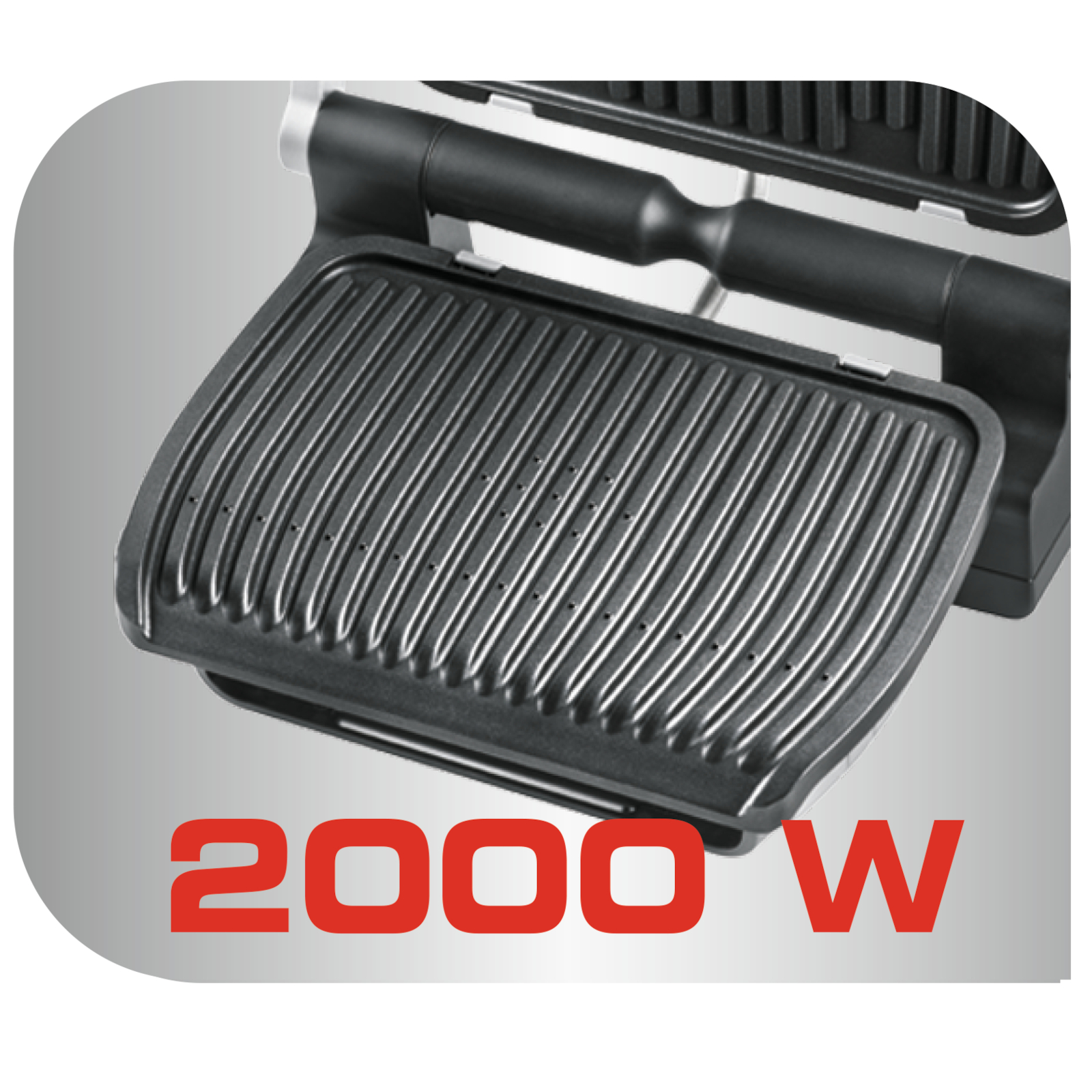 Czarny grill elektryczny z czerwonym napisem „2000 W” na białym tle.