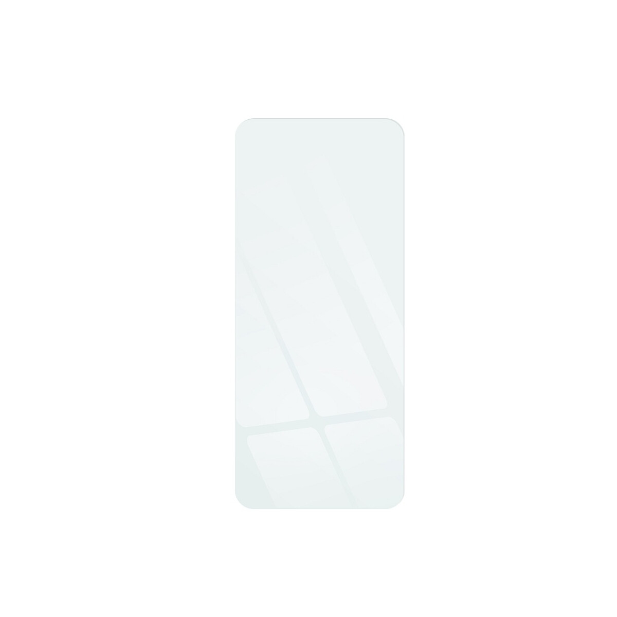Ein klarer Displayschutz für ein Telefon, rechteckige Form, leicht angewinkelt vor weißem Hintergrund.
