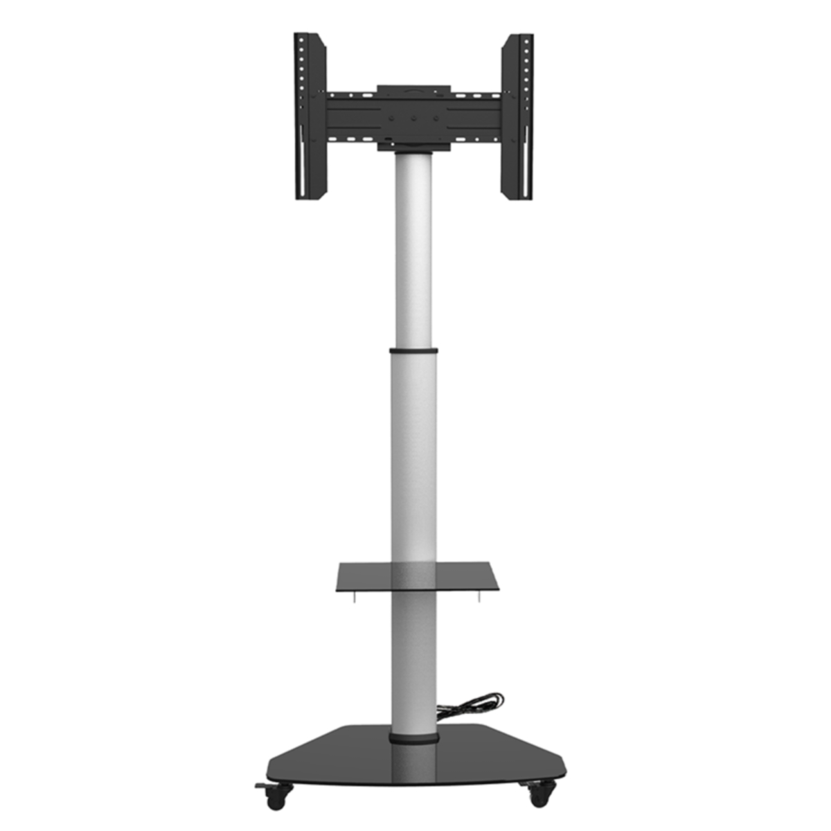 Een zwart en zilveren tv-standaard op wielen, met planken en bevestiging voor een tv.