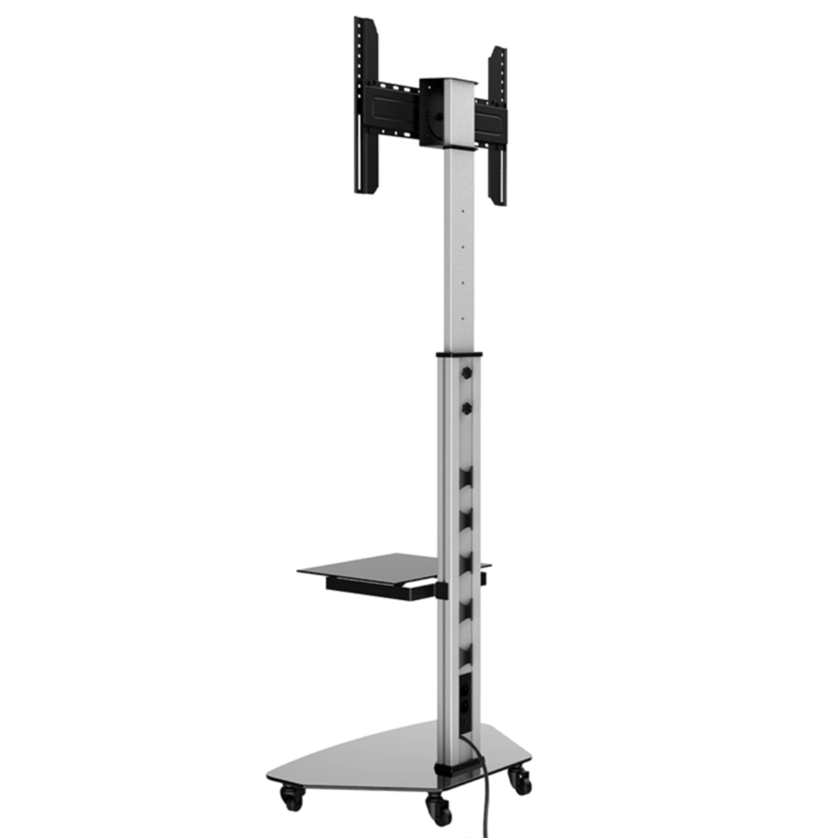 TV-standaard met een plank en wielen. De standaard is zilver en zwart.