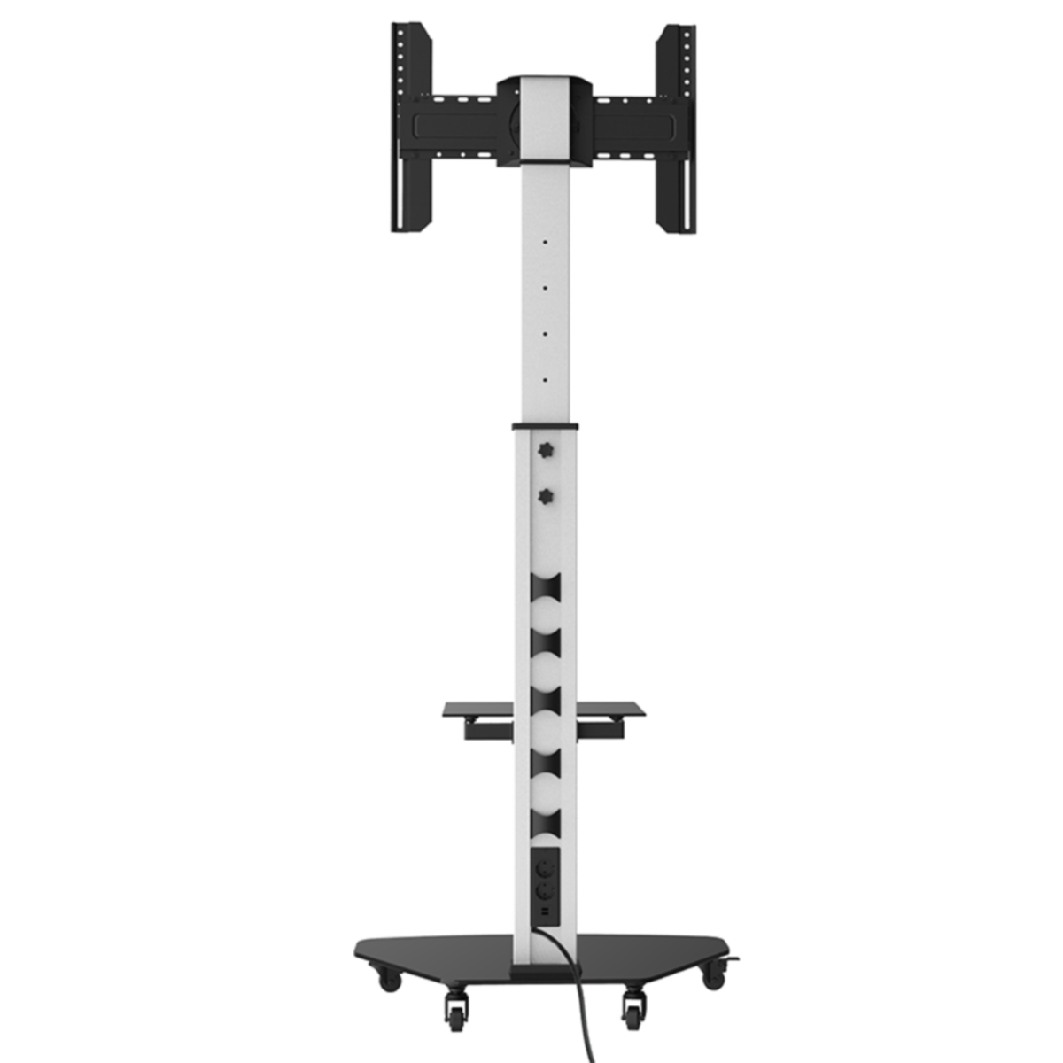Een zwart-witte tv-standaard. Hij heeft een centrale kolom, een voet met wielen en twee planken.