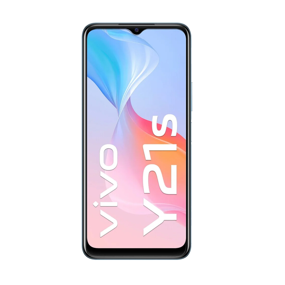 Ein Vivo Y21s Smartphone auf weißem Hintergrund, das einen farbenfrohen Bildschirm anzeigt.