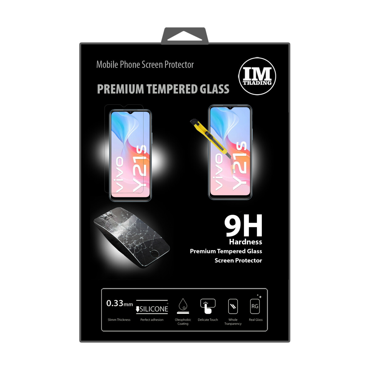 Handy-Displayschutzbox mit Handy-Bildern und einem zerbrochenen Schutz. Text: Premium Tempered Glass.