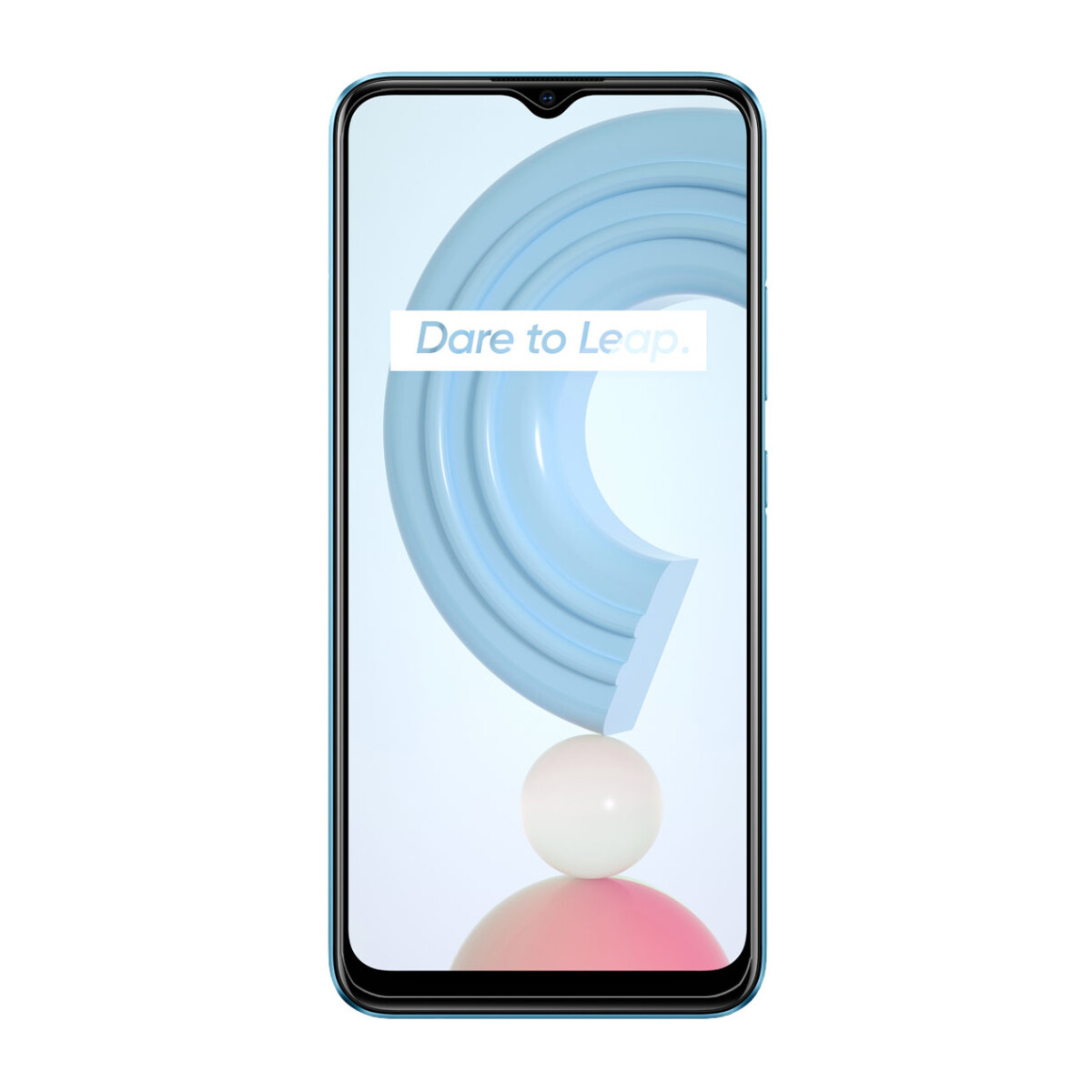 Smartphone mit blauem Rahmen und Bildschirm mit blauem und weißem abstraktem Design, weißer Hintergrund.