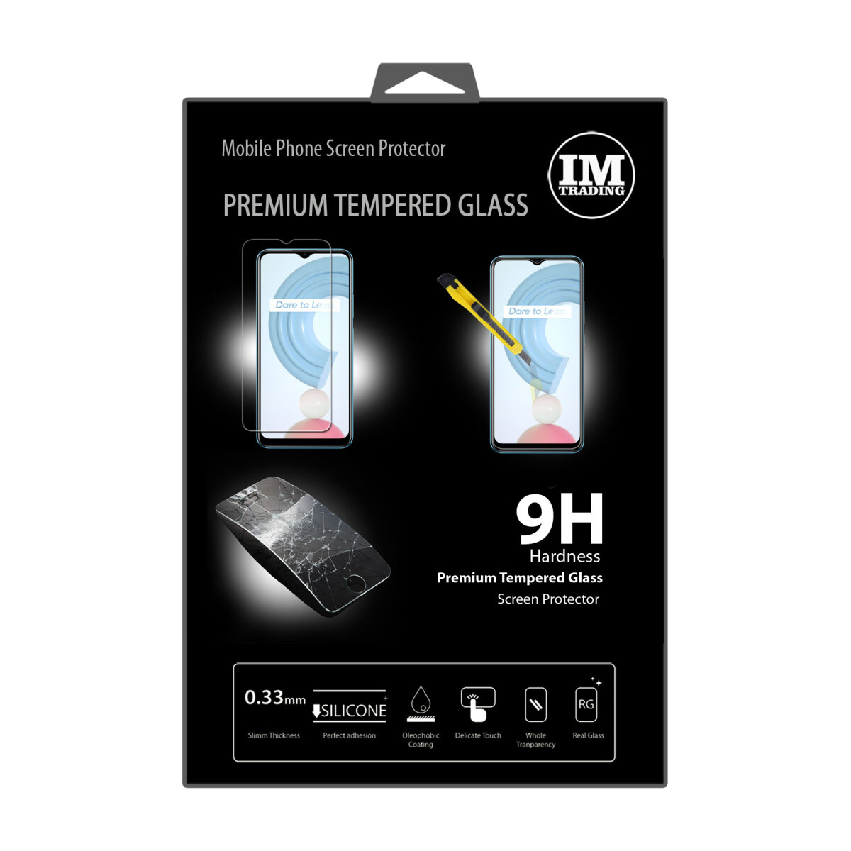 Verpackung für Displayschutzfolien für Mobiltelefone. Sie enthält eine Displayschutzfolie und zeigt ein Telefon.
