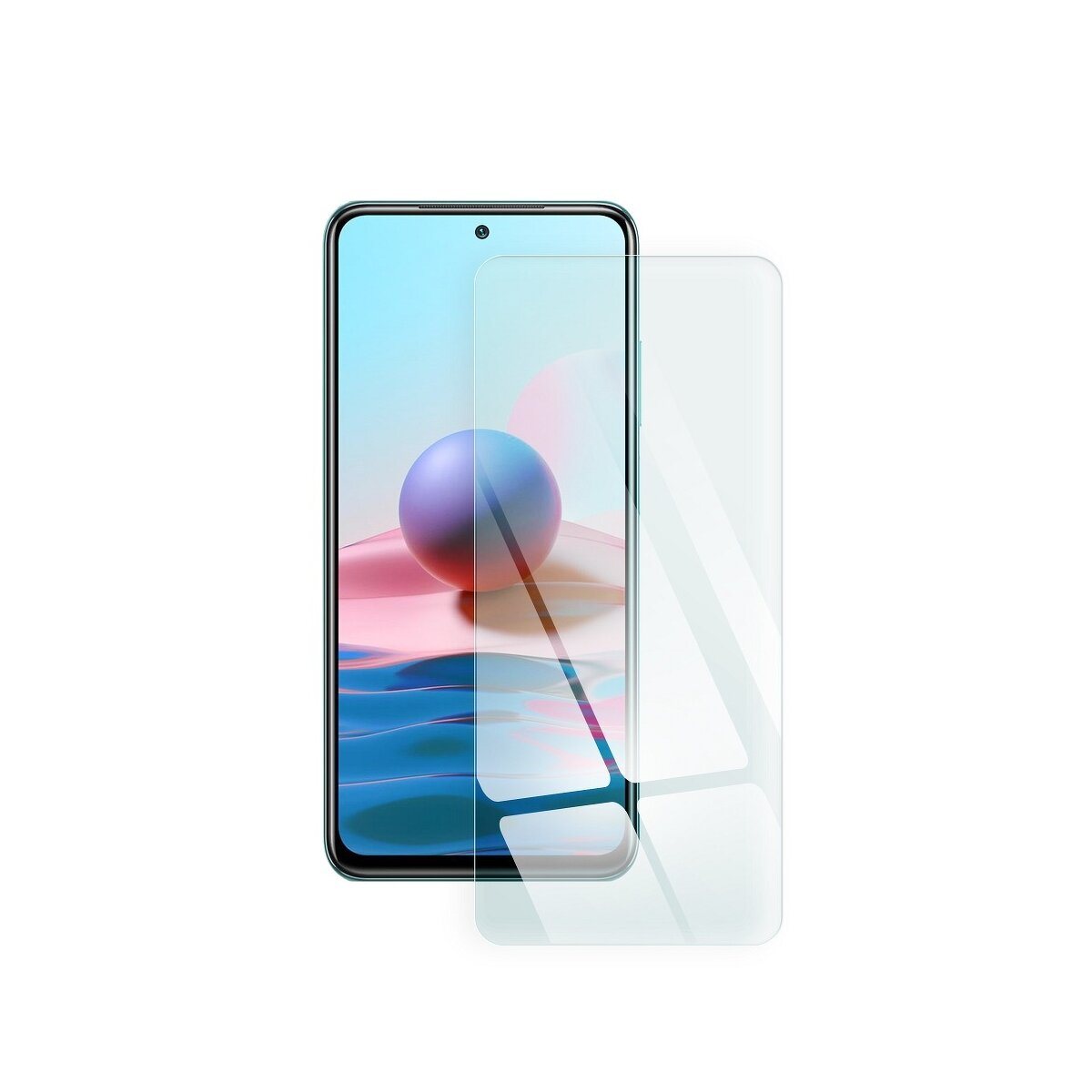 Smartphone mit Displayschutz. Der Bildschirm zeigt eine blau-lila Kugel.