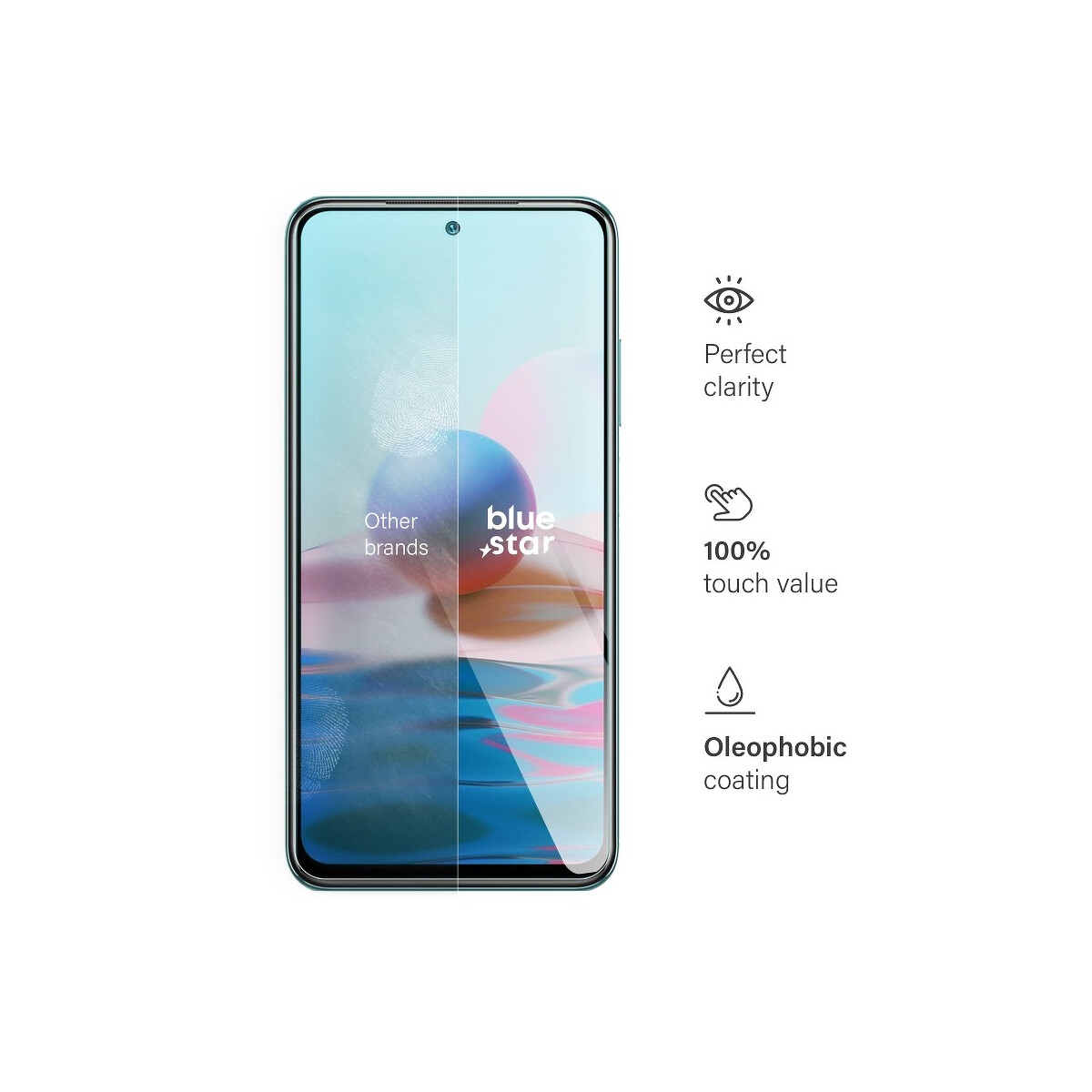 Smartphone mit Displayschutzfolie. Text erwähnt perfekte Klarheit, 100 % Touch-Wert und oleophobe Beschichtung.