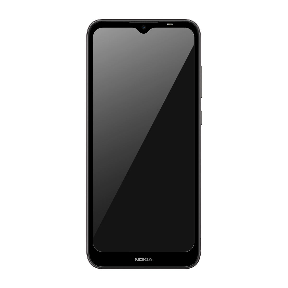 Ein schwarzes Smartphone mit einem Bildschirm, der eine schwarze, glänzende Oberfläche zeigt.