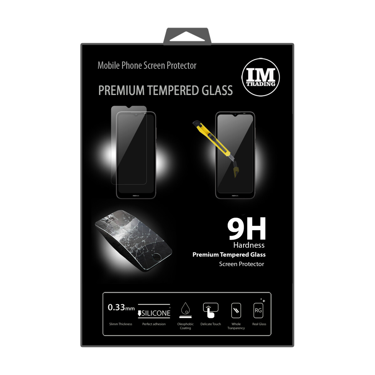 Eine Displayschutzfolien-Verpackung mit Telefon und Cutter. Der Hintergrund ist weiß.