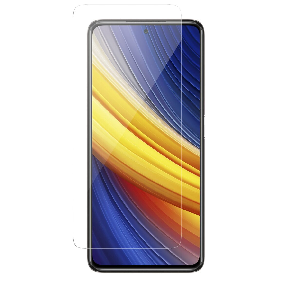 Handy-Bildschirmschutz auf einem Telefon. Klar, rechteckig, mit dem Telefon sichtbar.