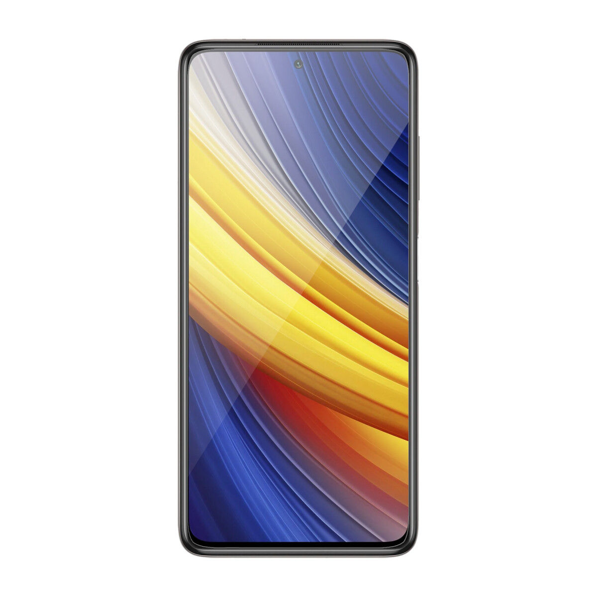 Schwarzes Smartphone mit farbenfrohem Bildschirm. Der Bildschirm zeigt einen gelb-orange-blauen Farbverlauf.