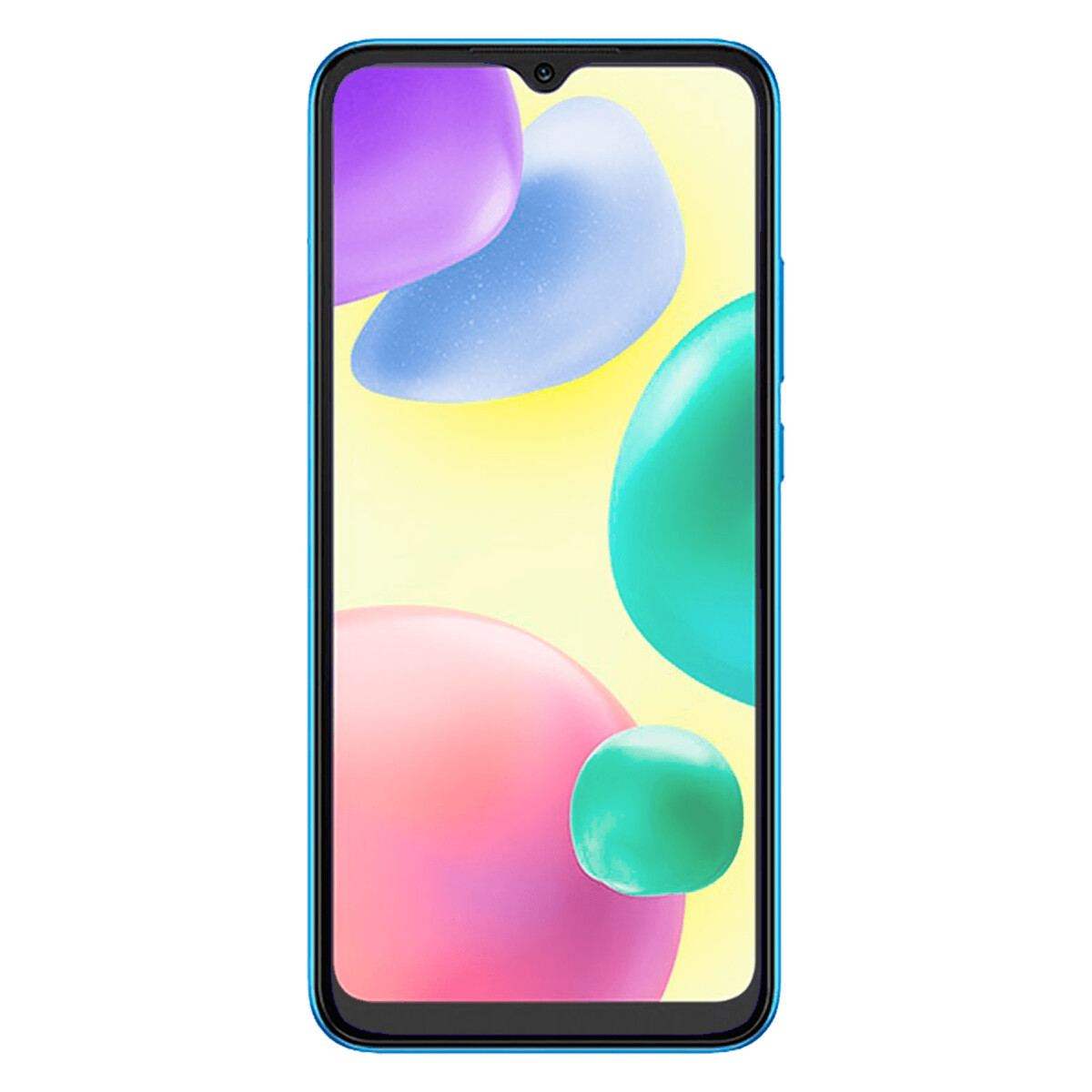 Blaues Telefon mit buntem, abstraktem Hintergrundbild auf dem Bildschirm.