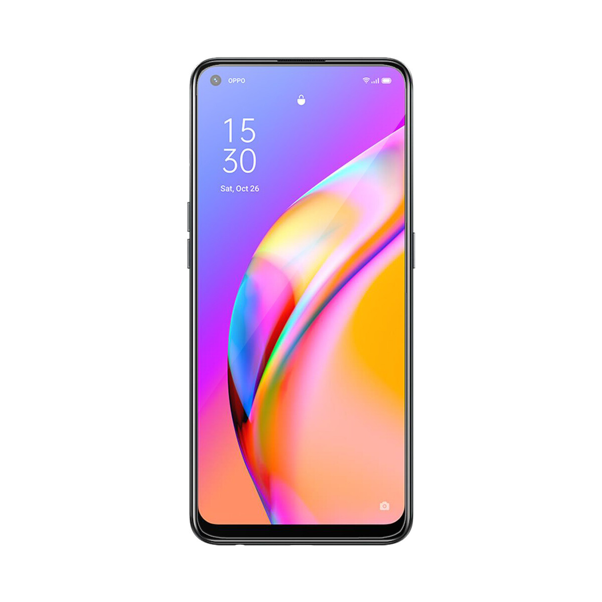 Schwarzes Smartphone mit farbenfrohem Bildschirm, der Zeit und Datum anzeigt.