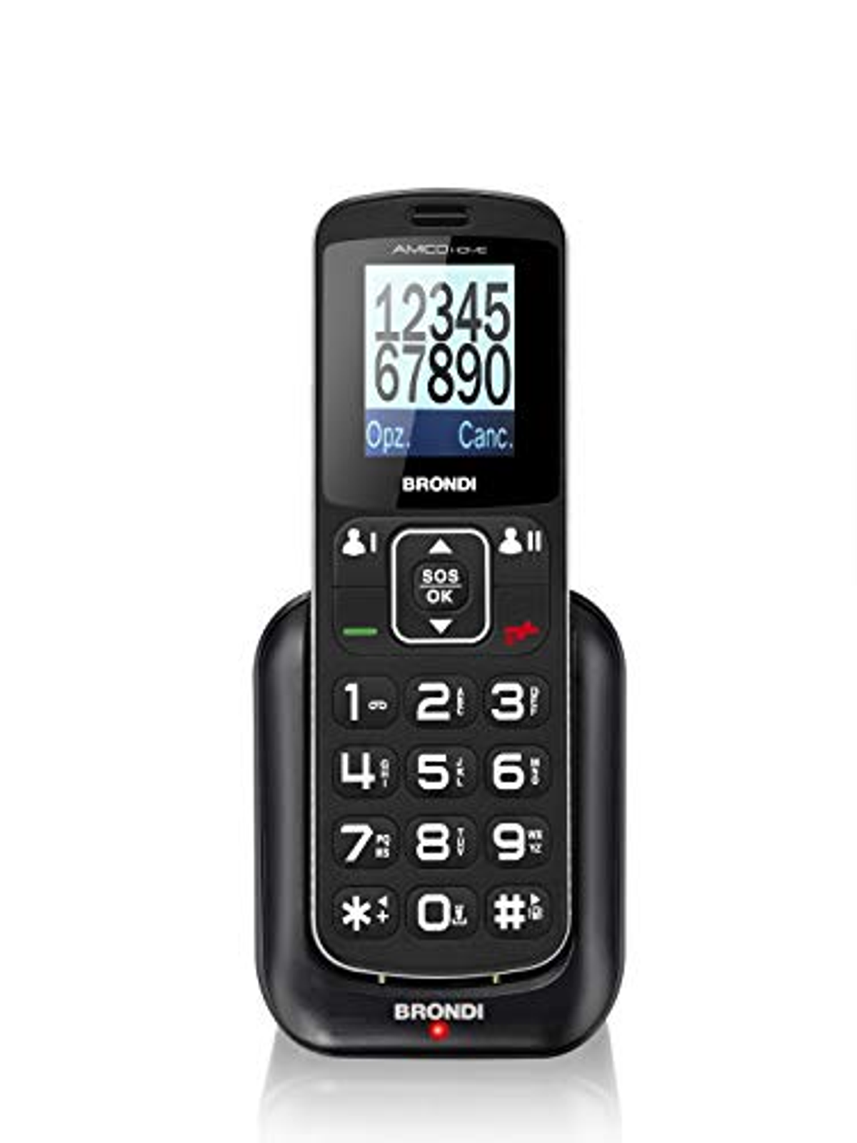 Teléfono Brondi negro en cargador. Botones grandes, números y botón SOS visibles.