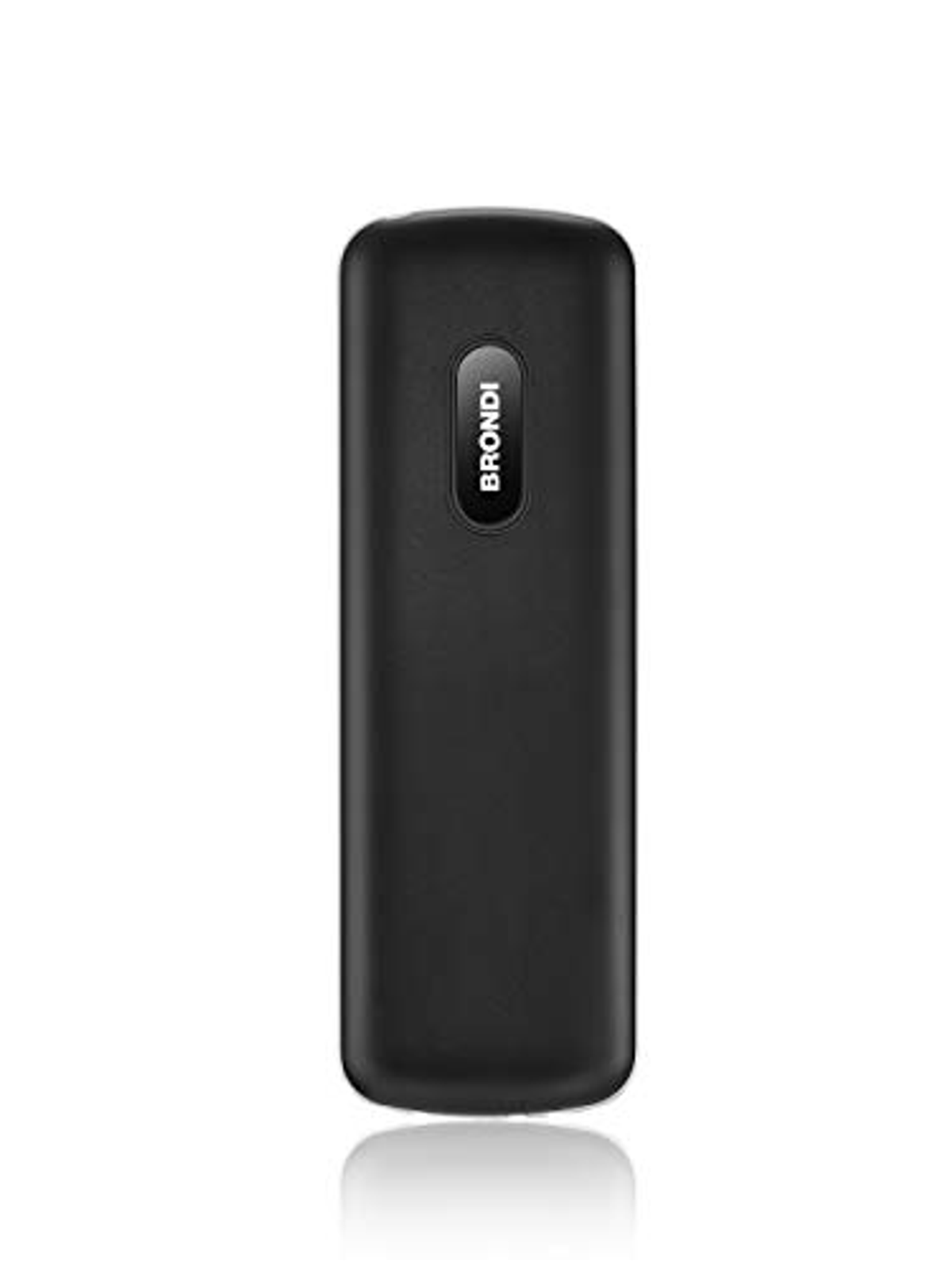 Teléfono móvil negro Brondi. Tiene un botón ovalado con el nombre de la marca.