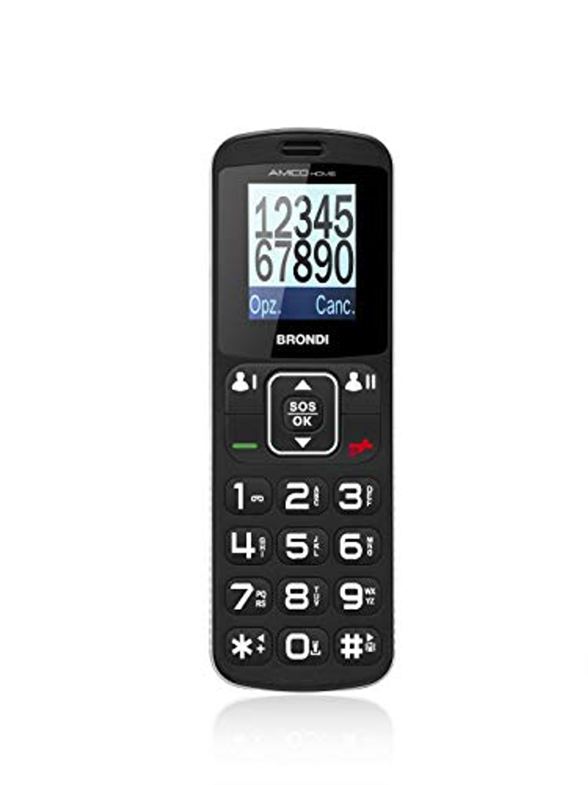 Un teléfono móvil negro simplificado con botones numéricos grandes y una pantalla.