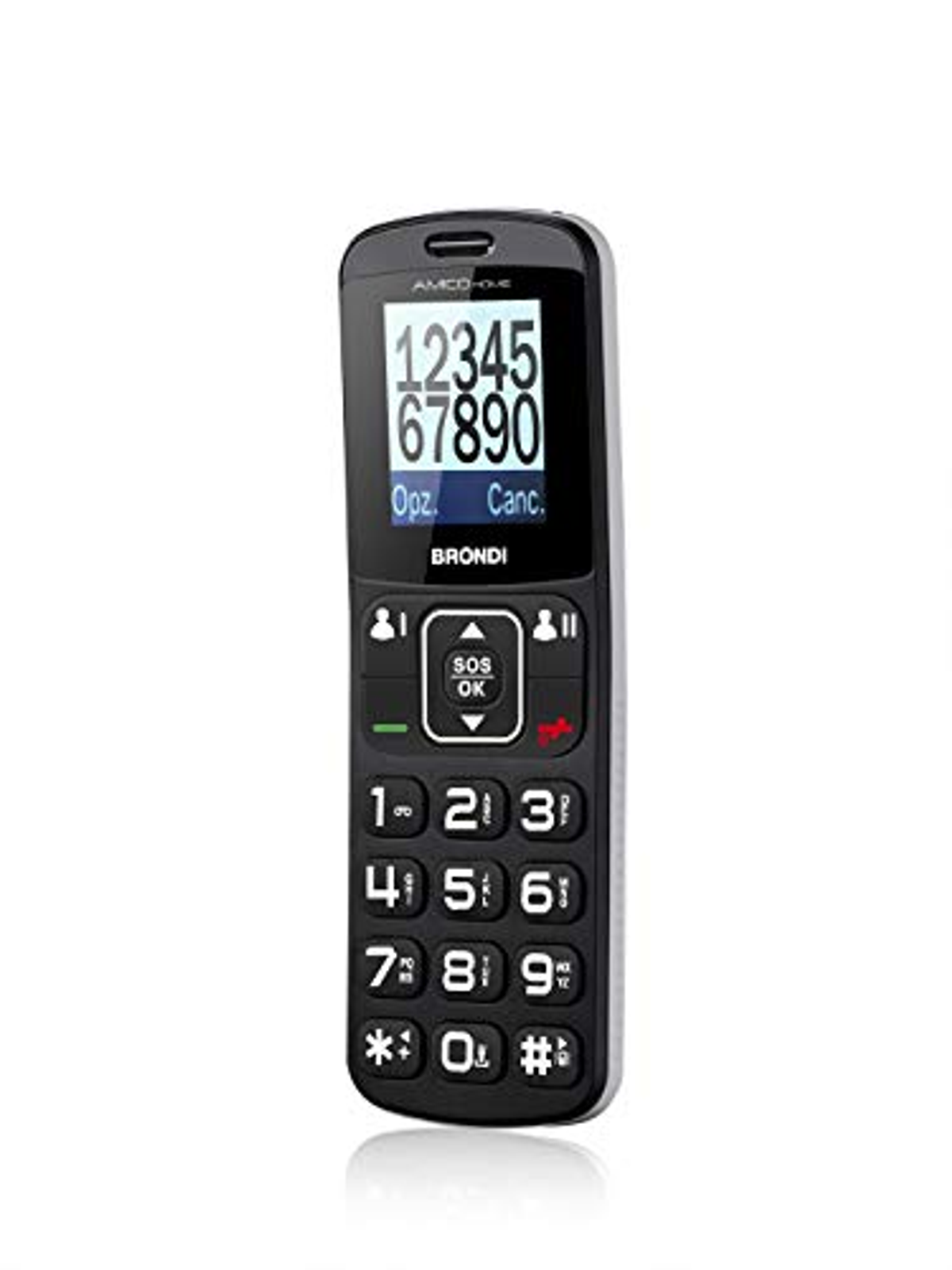 Un teléfono móvil negro con botones y números grandes, y un botón SOS rojo.