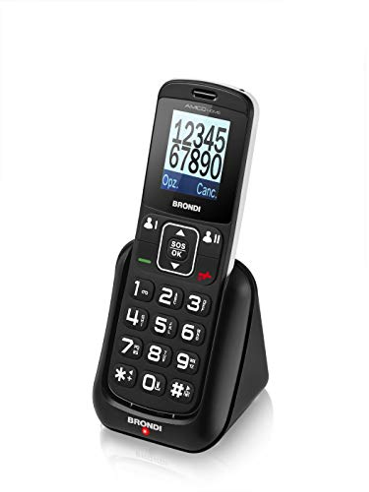 Teléfono plegable negro en una base de carga. Botones grandes y pantalla.
