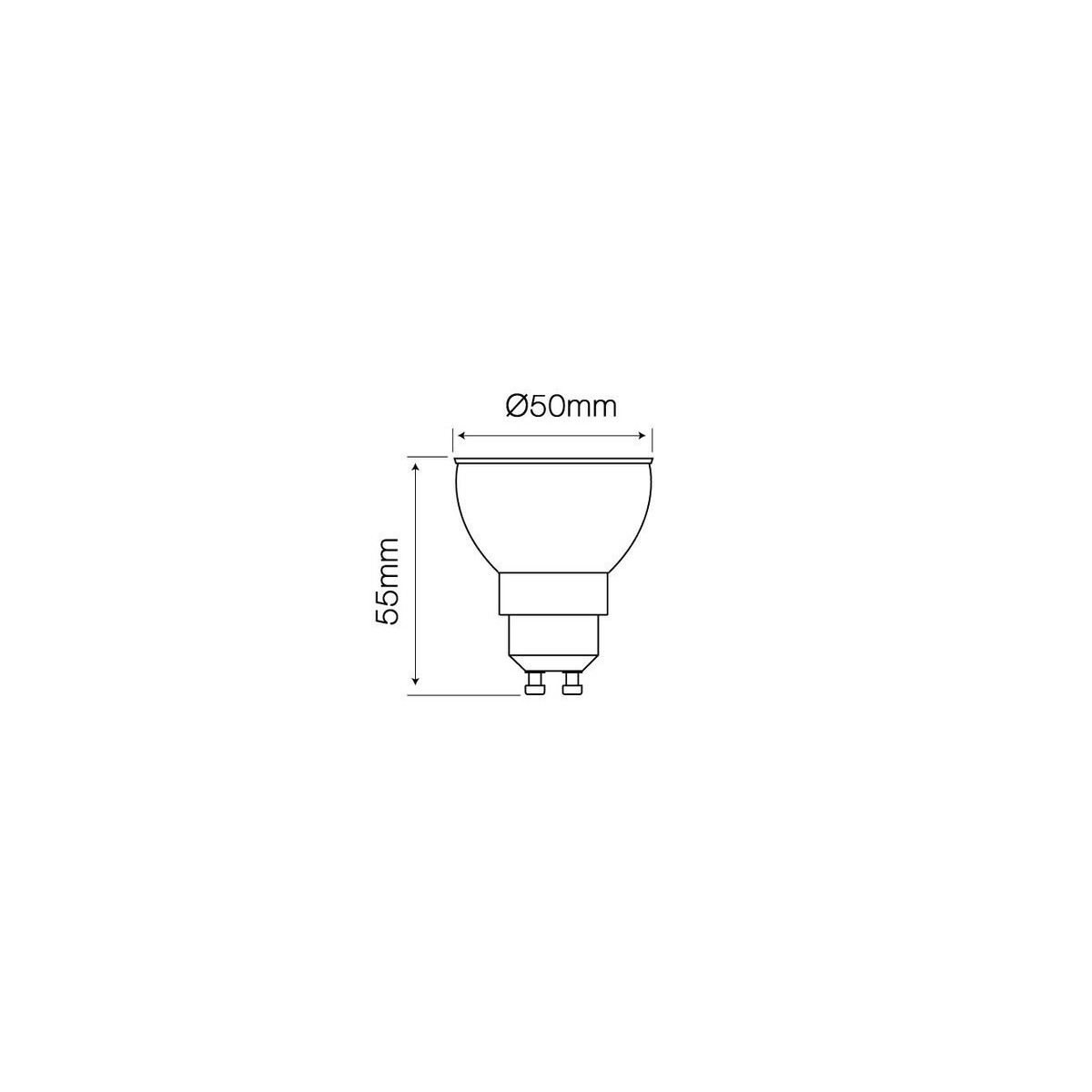 Eine schematische Darstellung einer Glühbirne mit Maßangaben. Die Glühbirne ist 55 mm hoch und hat einen Durchmesser von 50 mm.