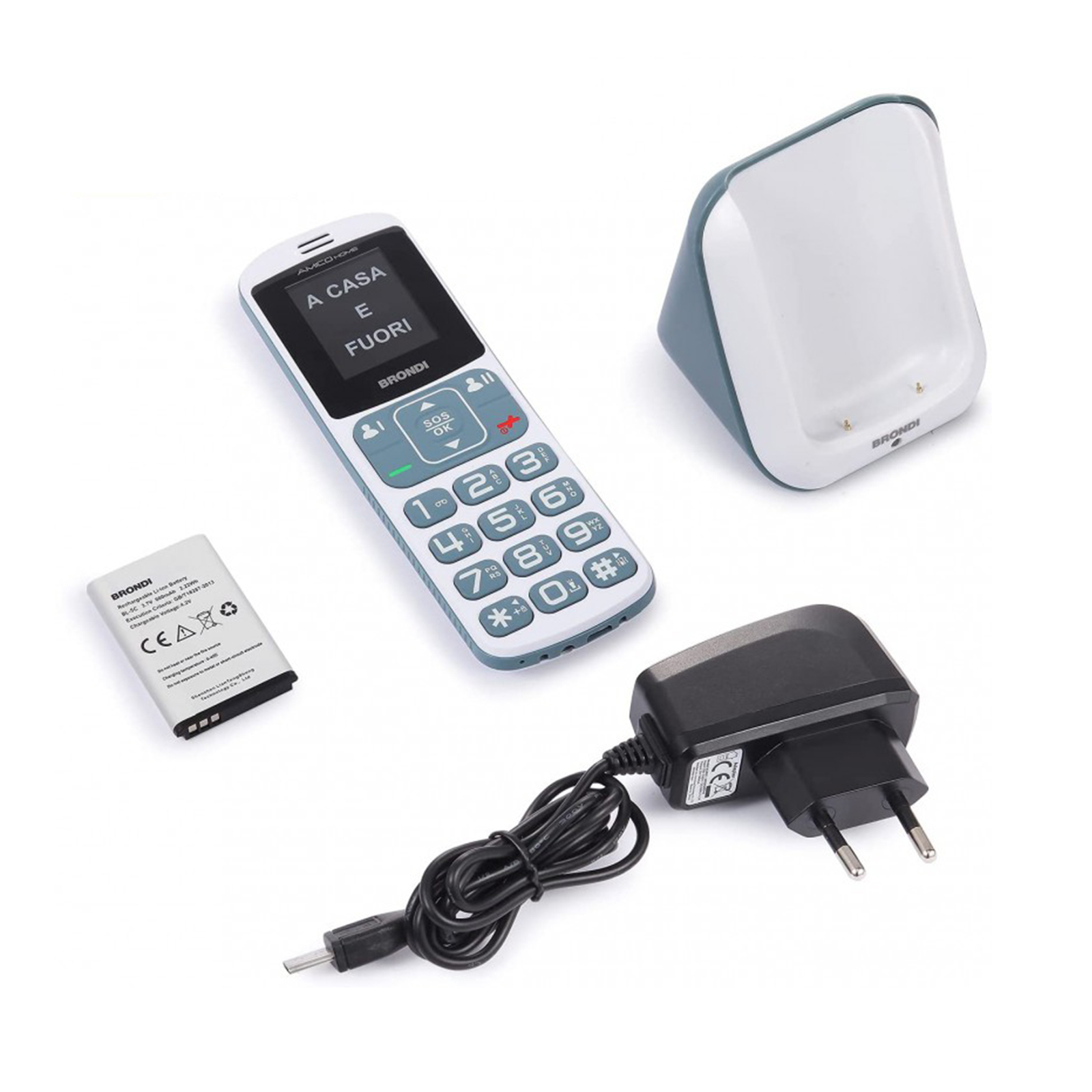 Un telefono cellulare bianco e verde acqua con caricatore, batteria e base di ricarica su sfondo bianco.