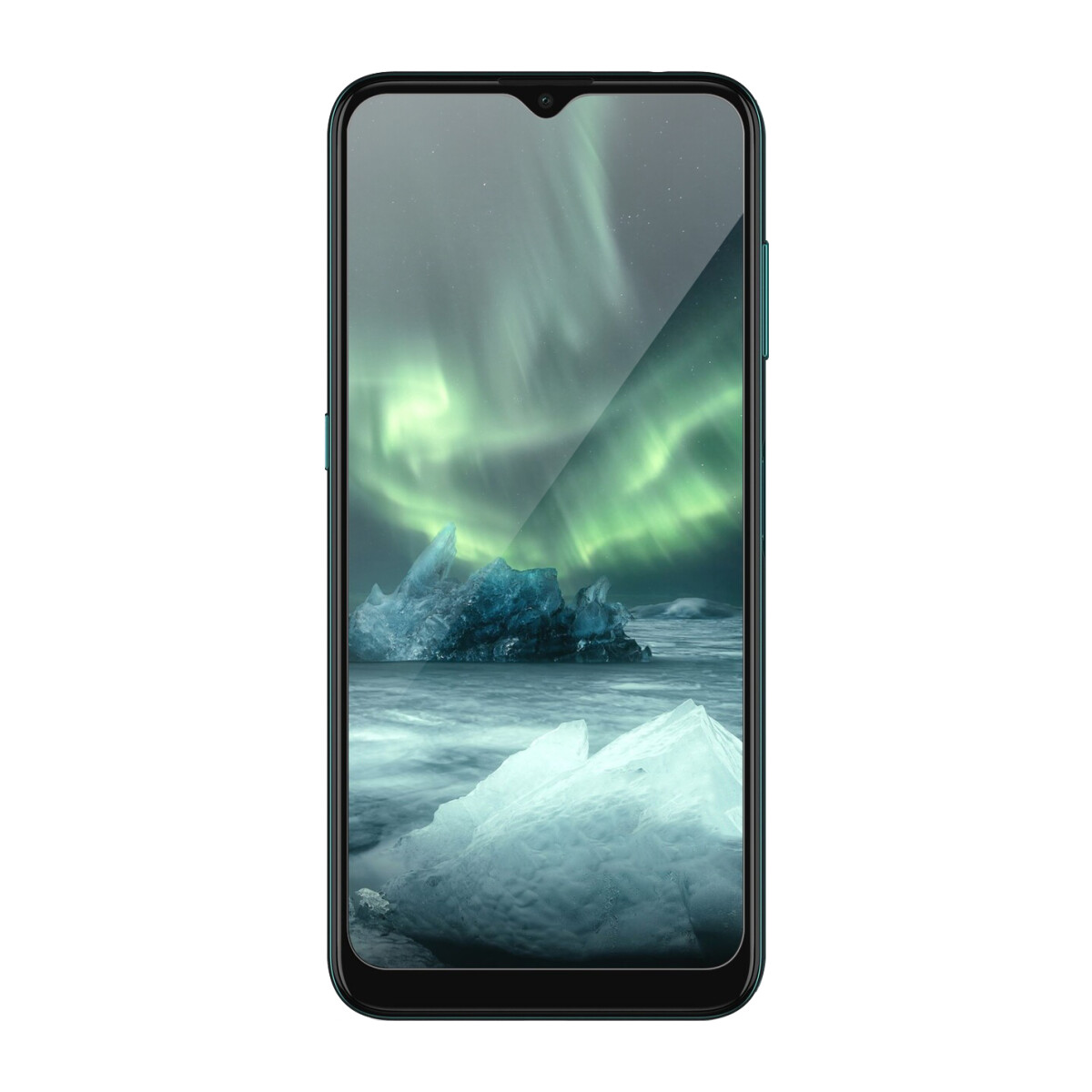 Ein Smartphone, das eine Szene mit Nordlichtern und Eisformationen anzeigt.