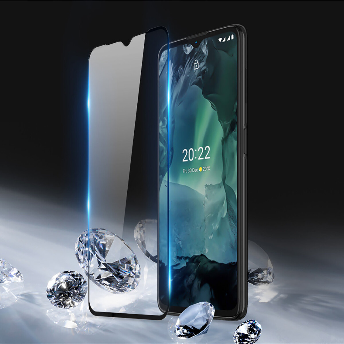 Ein Smartphone mit Displayschutz und Diamanten. Das Telefon ist schwarz, Bildschirm grün.