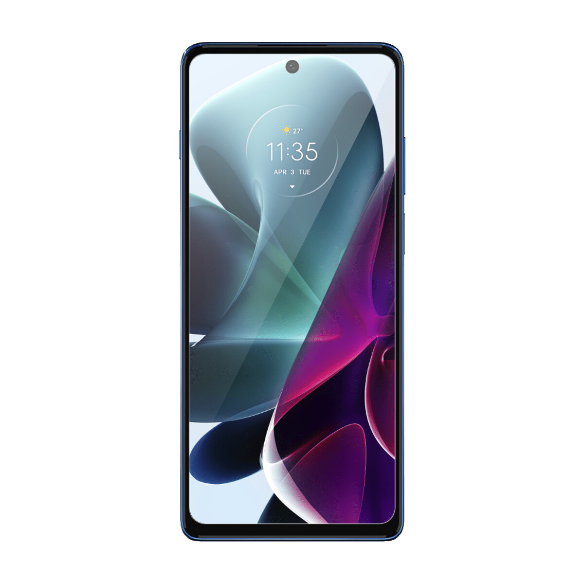 Blaues Smartphone mit großem Bildschirm, der die Uhrzeit, das Datum und einen farbenfrohen Hintergrund anzeigt.