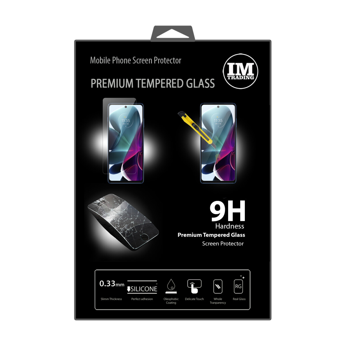 Verpackung für einen Displayschutz. Zeigt Telefonbilder und Produktinformationen.