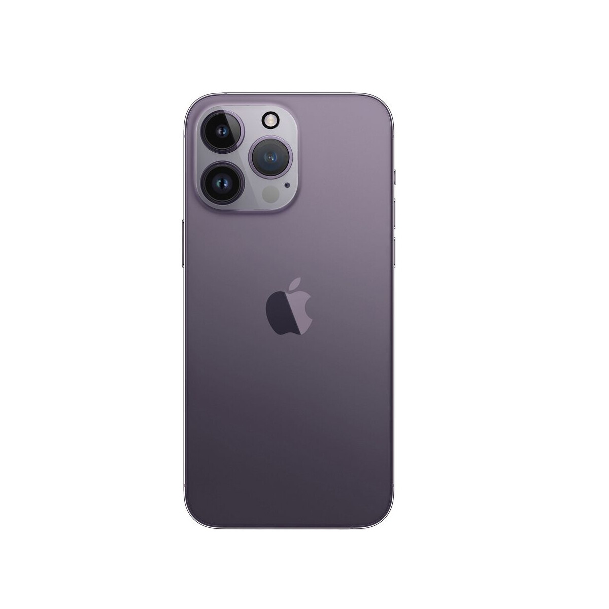 Lila iPhone 14 Pro auf weißem Hintergrund. Die Rückseite zeigt Kamera und Apple-Logo.