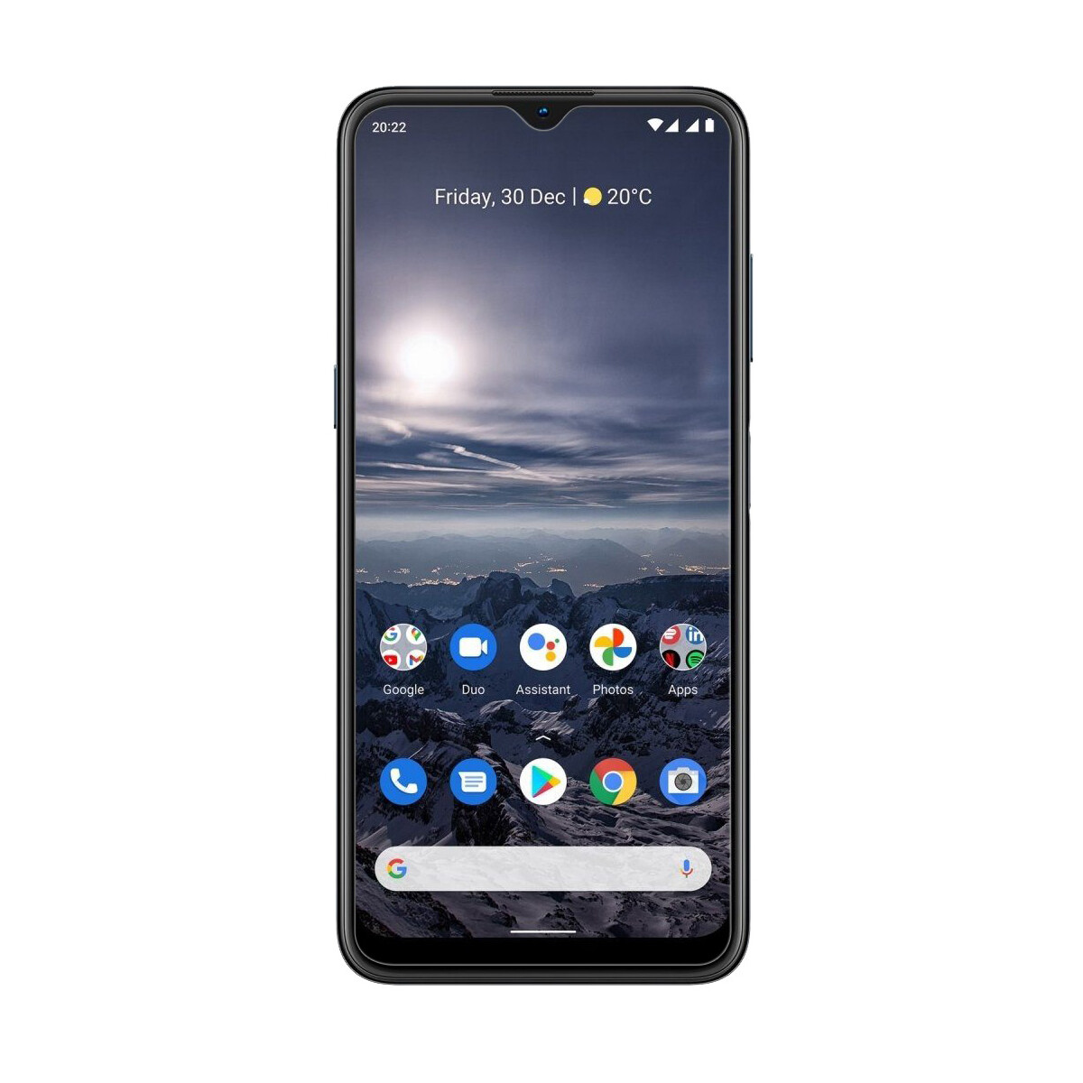Ein Smartphone mit schwarzem Rahmen. Der Bildschirm zeigt einen Startbildschirm mit App-Symbolen und Uhrzeit oben.